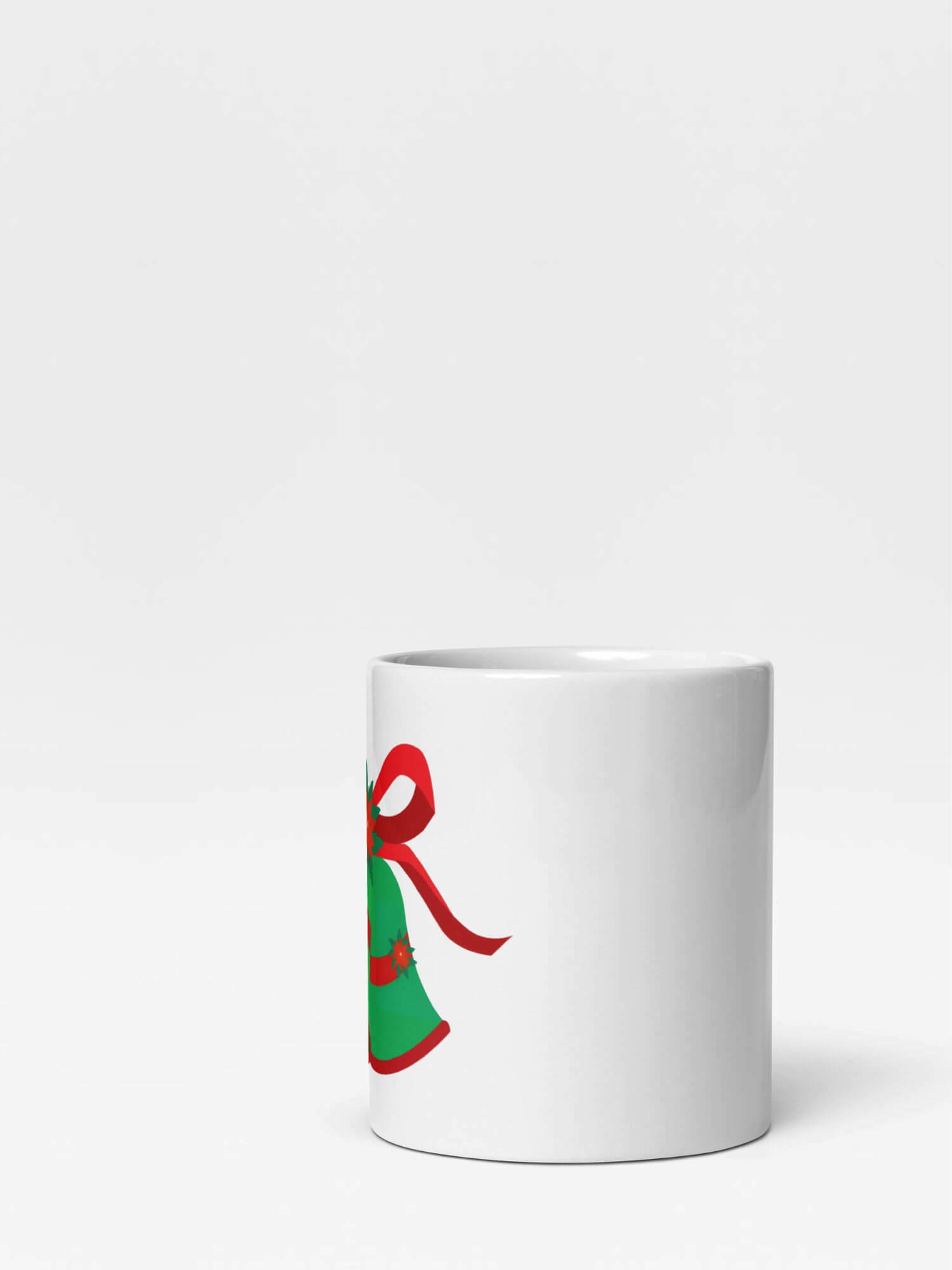 Glossy Christmas Bells Mug            Cartoon drinks cup coffee, tea, juice, milk drinking cups miteigi branded product item tumblers ceramics in white with red green multicolor pattern Ceramic Anime Gifts holiday season ribbon, poinsettia and bell festive mugs