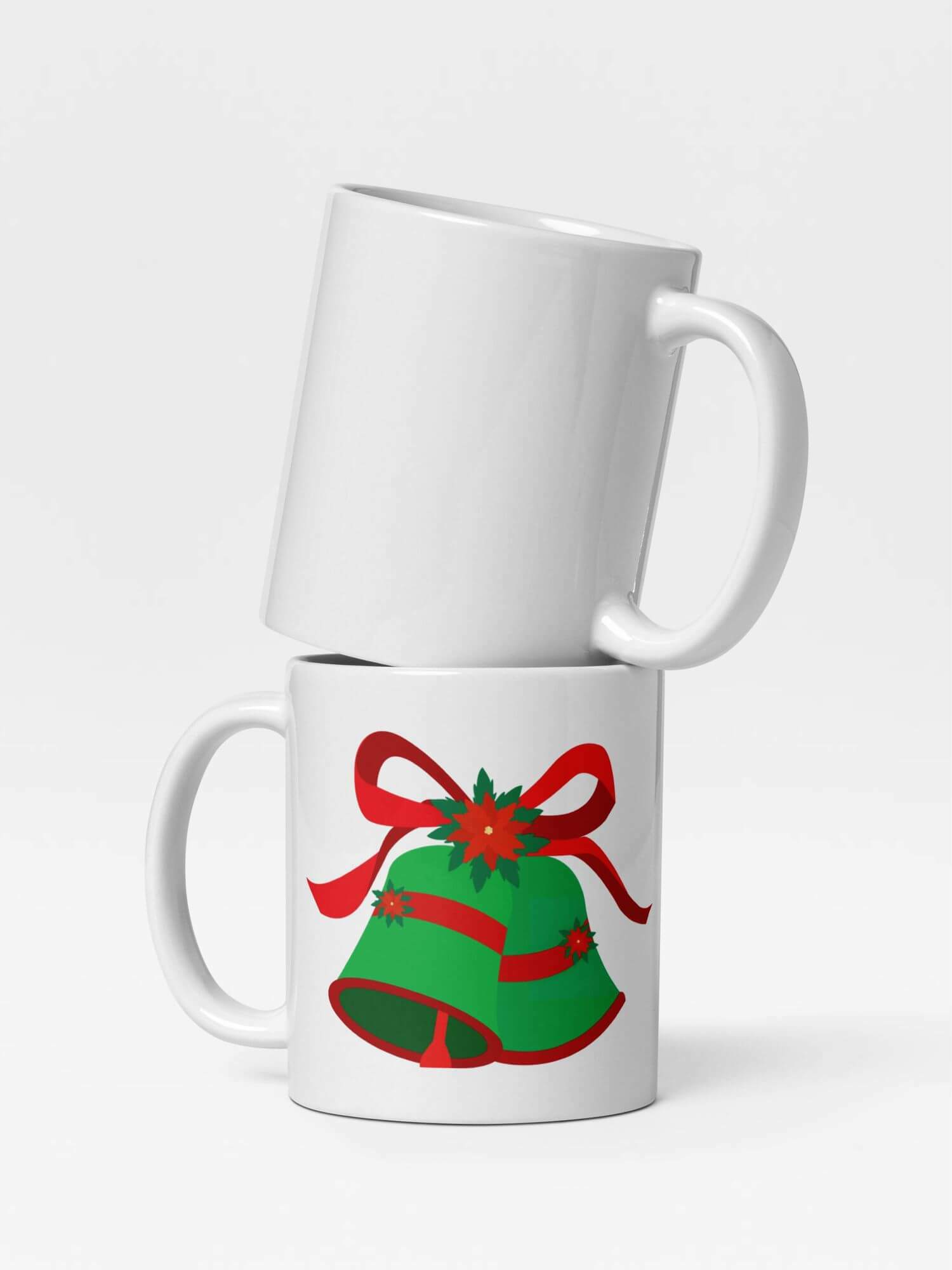 Glossy Christmas Bells Mug            Cartoon drinks cup coffee, tea, juice, milk drinking cups miteigi branded product item tumblers ceramics in white with red green multicolor pattern Ceramic Anime Gifts holiday season ribbon, poinsettia and bell festive mugs