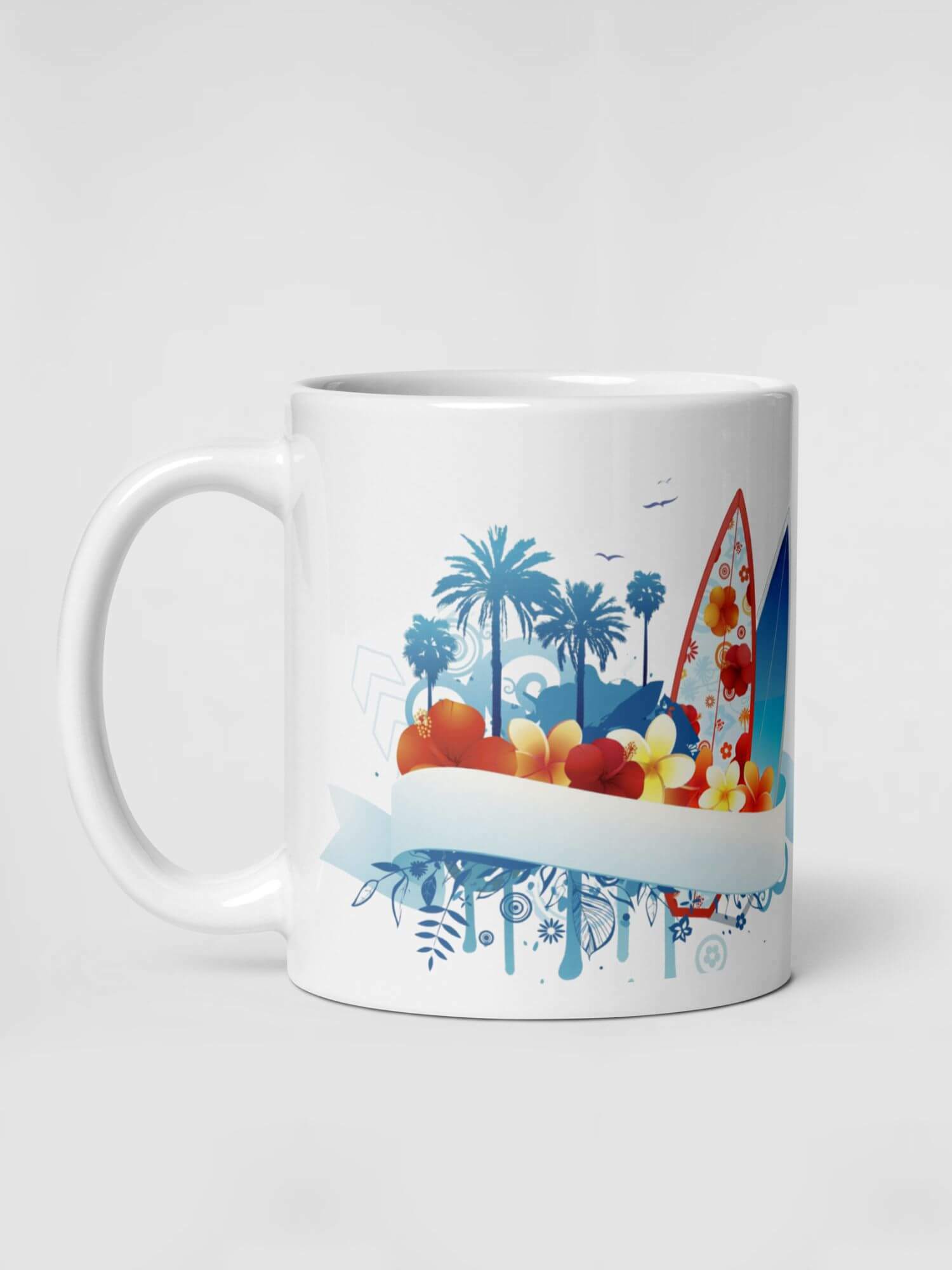 Glossy Aussie Mug            Cartoon Australian drinks cup coffee, tea, juice, milk drinking cups miteigi branded product item tumblers ceramics in white with blue multicolor pattern Ceramic Anime Gifts surf boards beach palm trees holiday season surfing surfers festive mugs