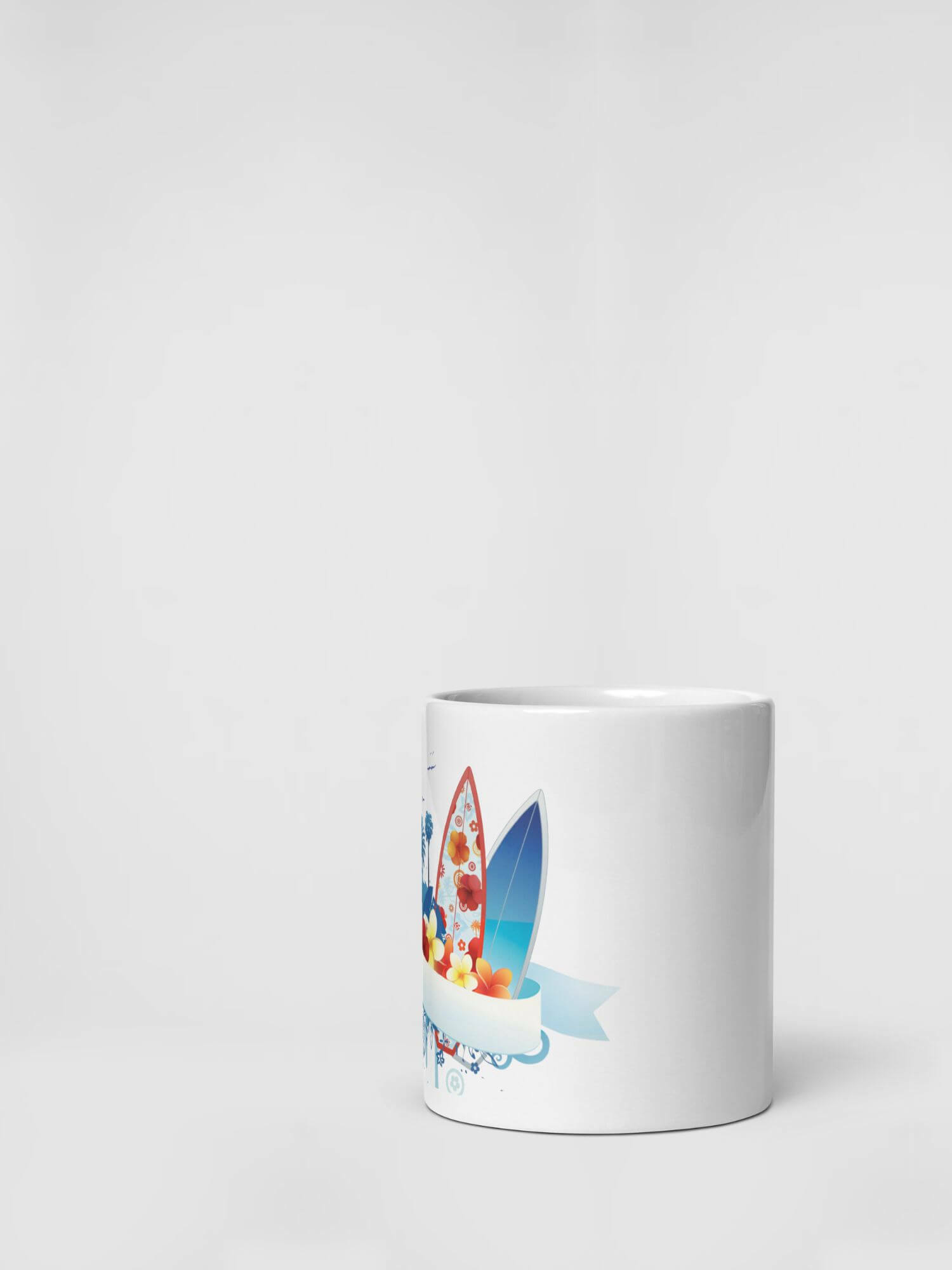 Glossy Aussie Mug            Cartoon Australian drinks cup coffee, tea, juice, milk drinking cups miteigi branded product item tumblers ceramics in white with blue multicolor pattern Ceramic Anime Gifts surf boards beach palm trees holiday season surfing surfers festive mugs