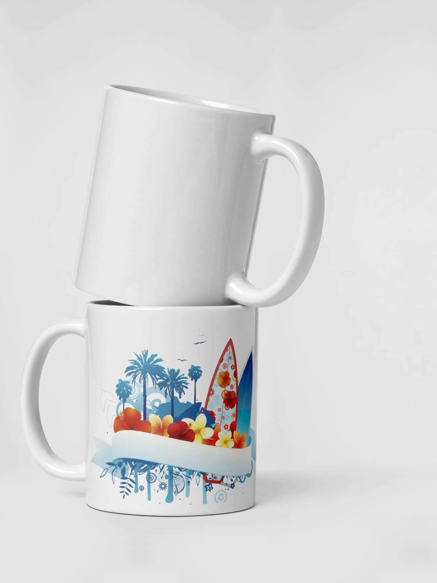 Glossy Aussie Mug            Cartoon Australian drinks cup coffee, tea, juice, milk drinking cups miteigi branded product item tumblers ceramics in white with blue multicolor pattern Ceramic Anime Gifts surf boards beach palm trees holiday season surfing surfers festive mugs