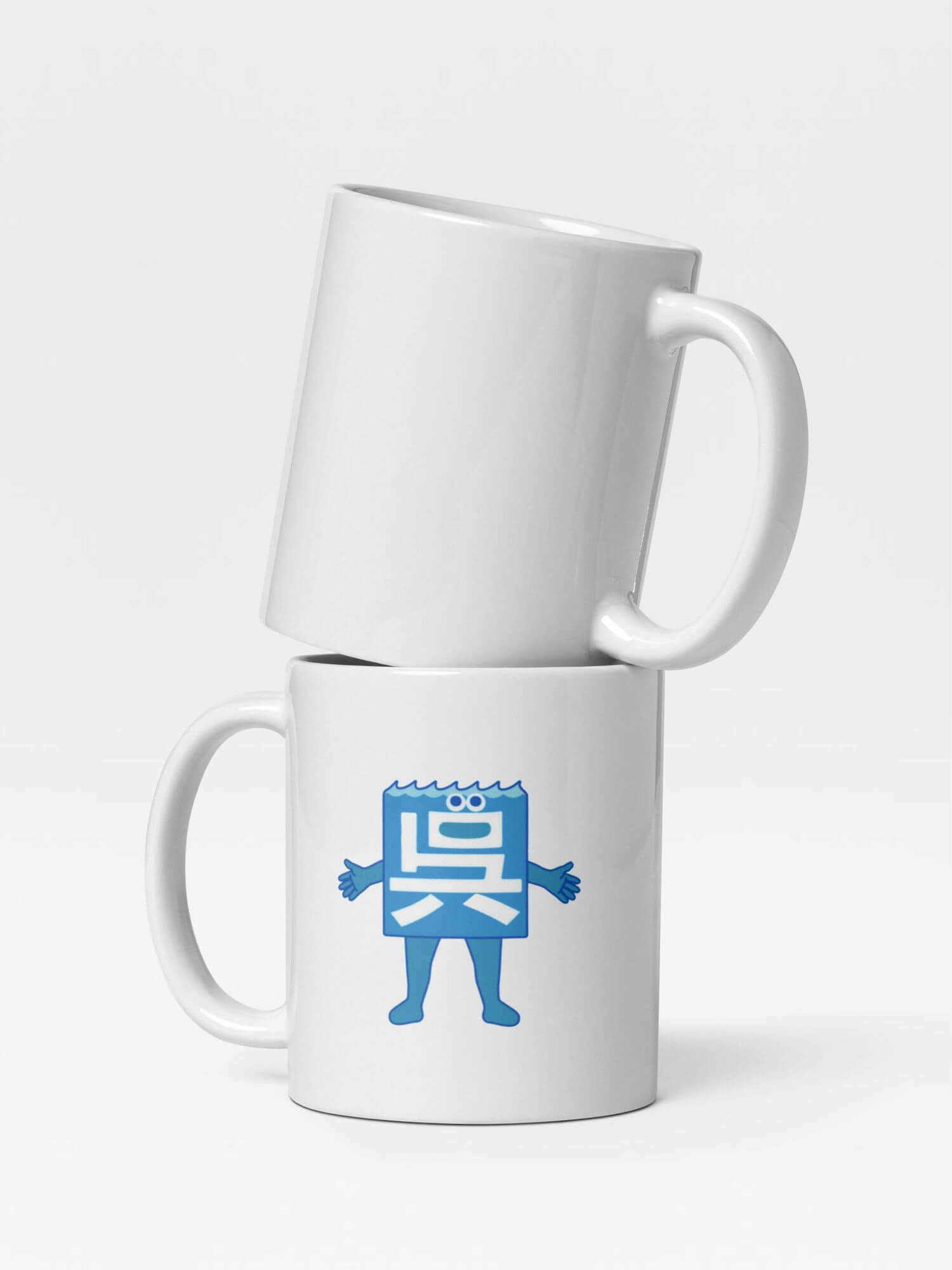 Glossy Kure City Mascot Mug    Japanese Hiroshima province mascots in blue with white  drinks cup coffee, tea, juice, milk drinking cups miteigi-Logo branded product item tumblers ceramics cartoon pattern collections Japan Kure-Shi souvenirs collectors mugs