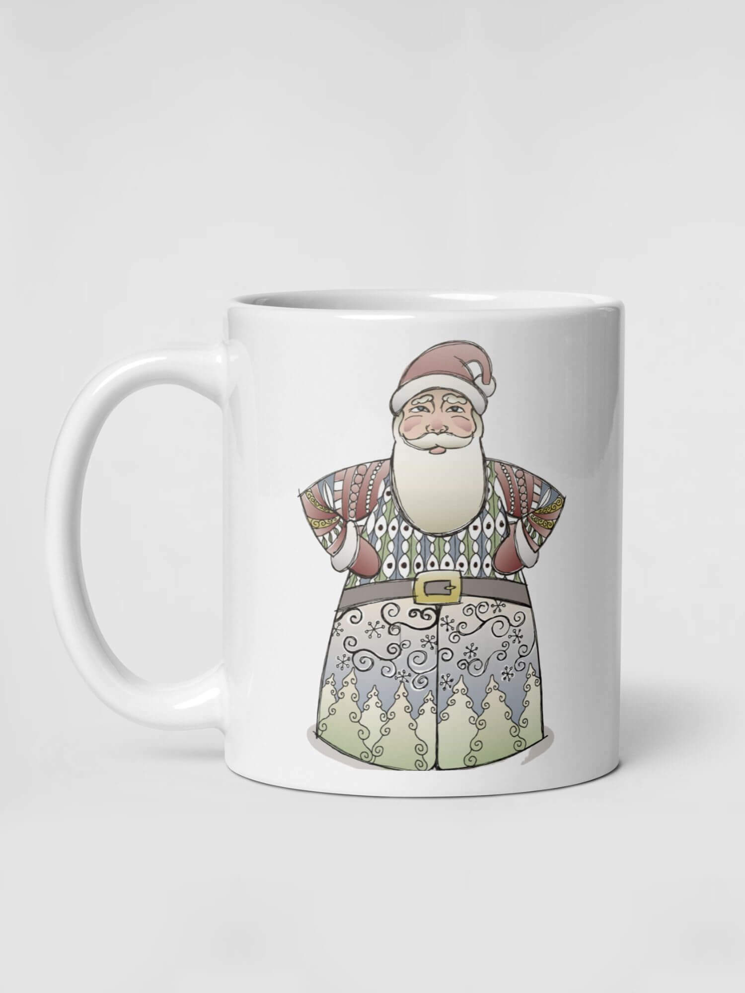 Glossy Father Christmas Mug           Cartoon Santa Claus drinks cup coffee, tea, juice, milk drinking cups miteigi branded product item tumblers ceramics in white with multicolor pattern Ceramic Anime Gifts holiday season Scandinavian Swedish Norwegian Norway Denmark Danish German Germany festive mugs