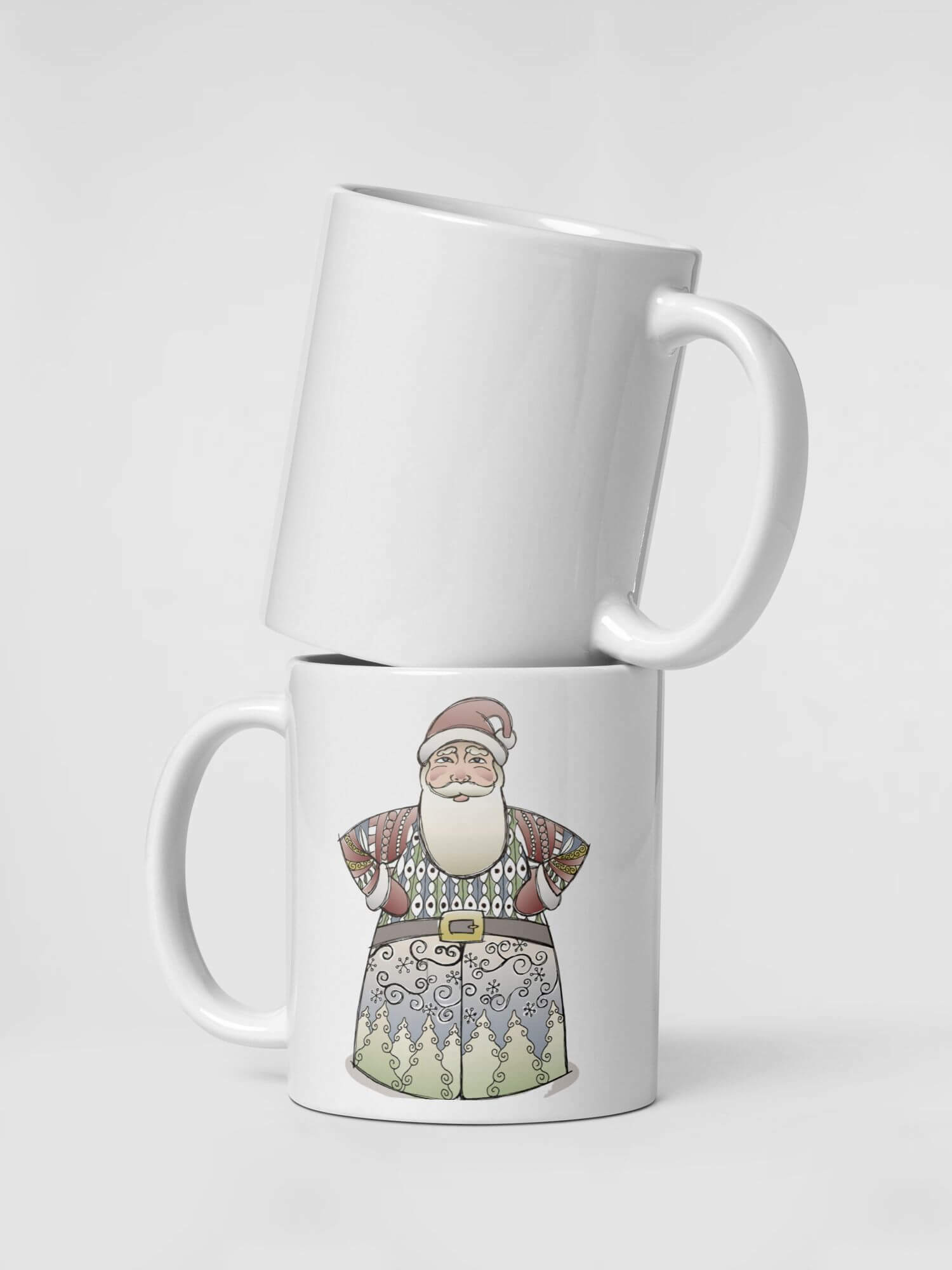 Glossy Father Christmas Mug           Cartoon Santa Claus drinks cup coffee, tea, juice, milk drinking cups miteigi branded product item tumblers ceramics in white with multicolor pattern Ceramic Anime Gifts holiday season Scandinavian Swedish Norwegian Norway Denmark Danish German Germany festive mugs