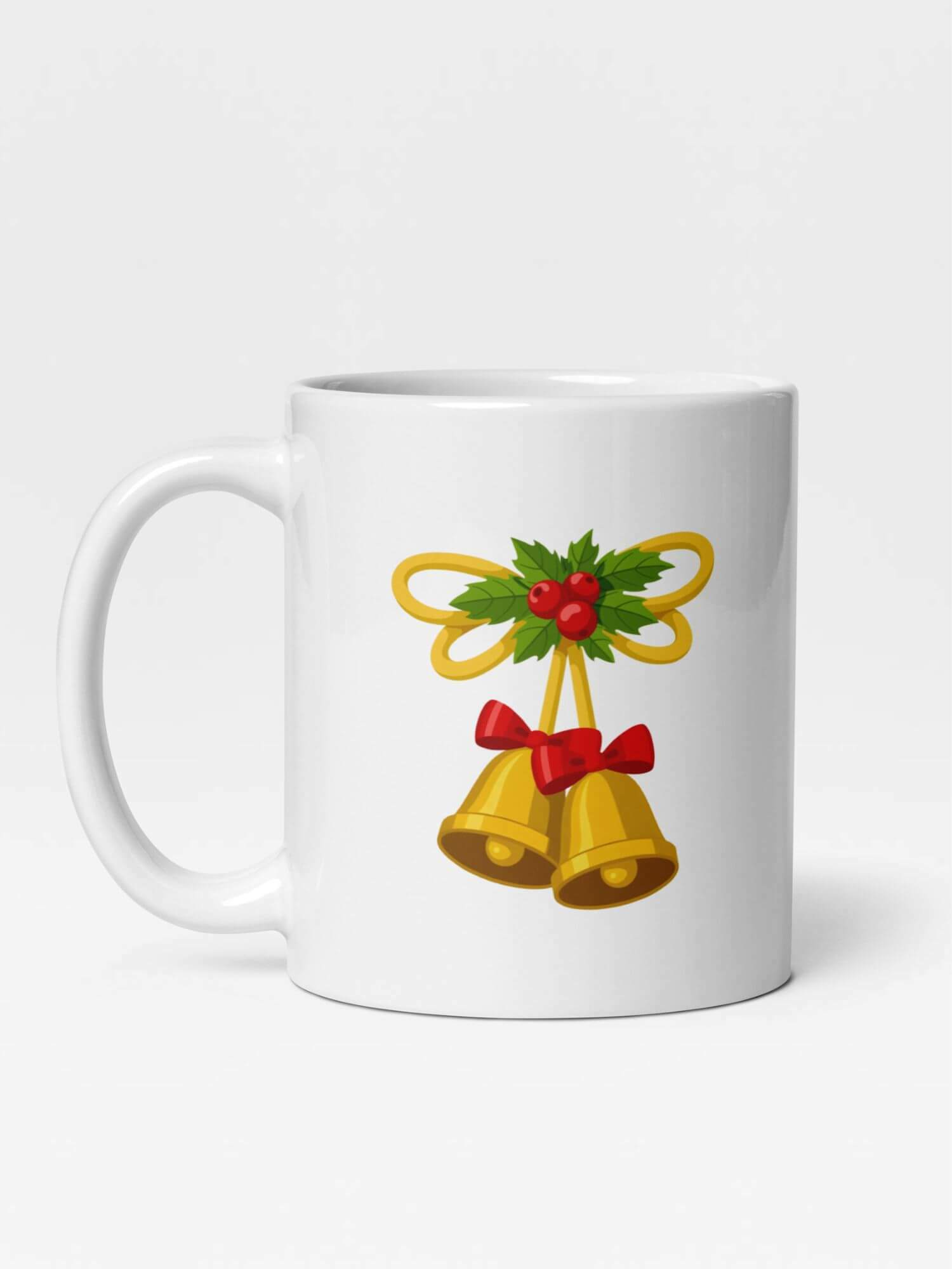 Glossy Holiday Season Mug             Cartoon drinks cup coffee, tea, juice, milk drinking cups miteigi branded product item tumblers ceramics in white with red yellow green multicolor pattern Ceramic Anime Gifts Merry Christmas, poinsettia and bells festive mugs