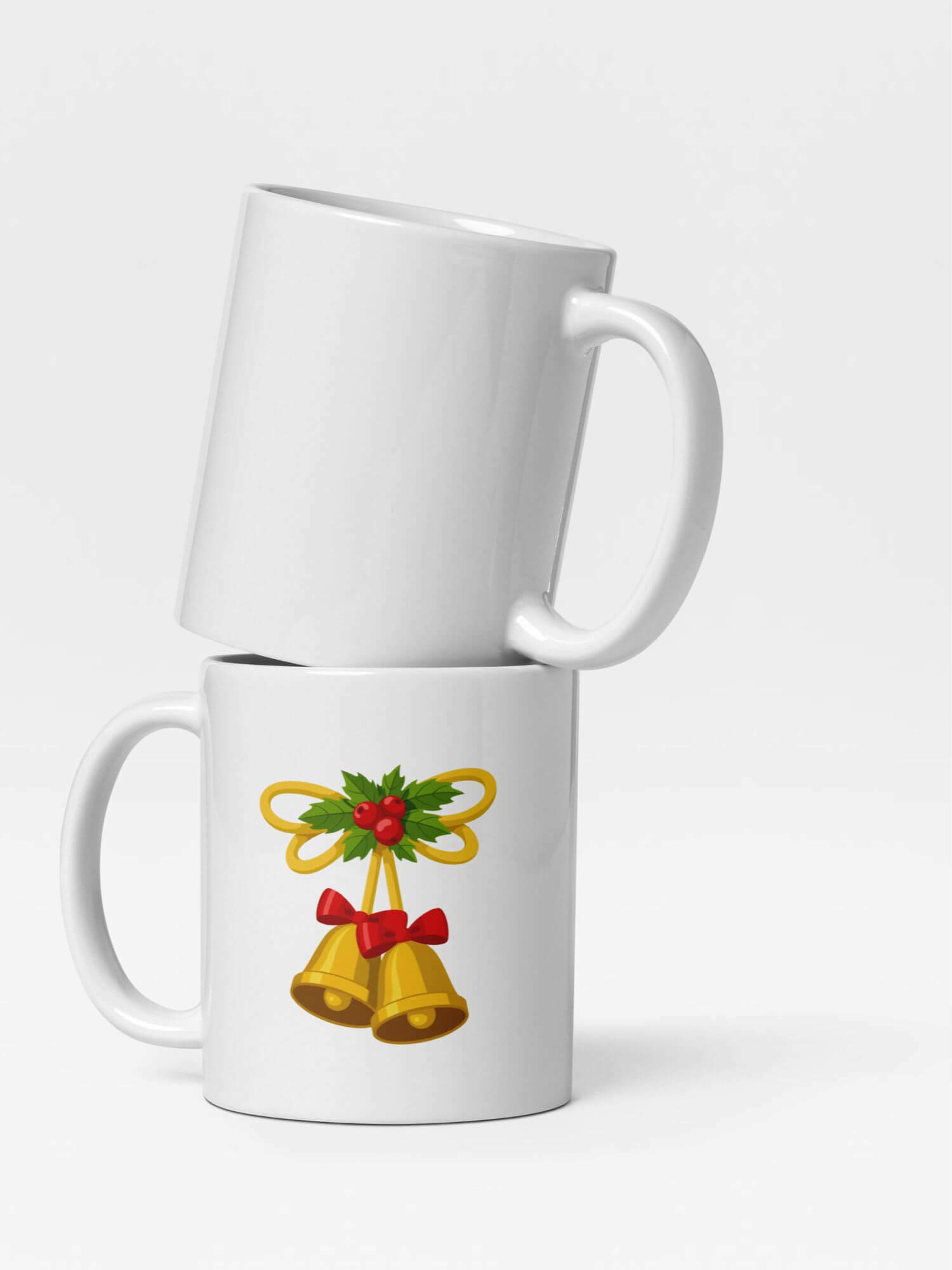 Glossy Holiday Season Mug             Cartoon drinks cup coffee, tea, juice, milk drinking cups miteigi branded product item tumblers ceramics in white with red yellow green multicolor pattern Ceramic Anime Gifts Merry Christmas, poinsettia and bells festive mugs