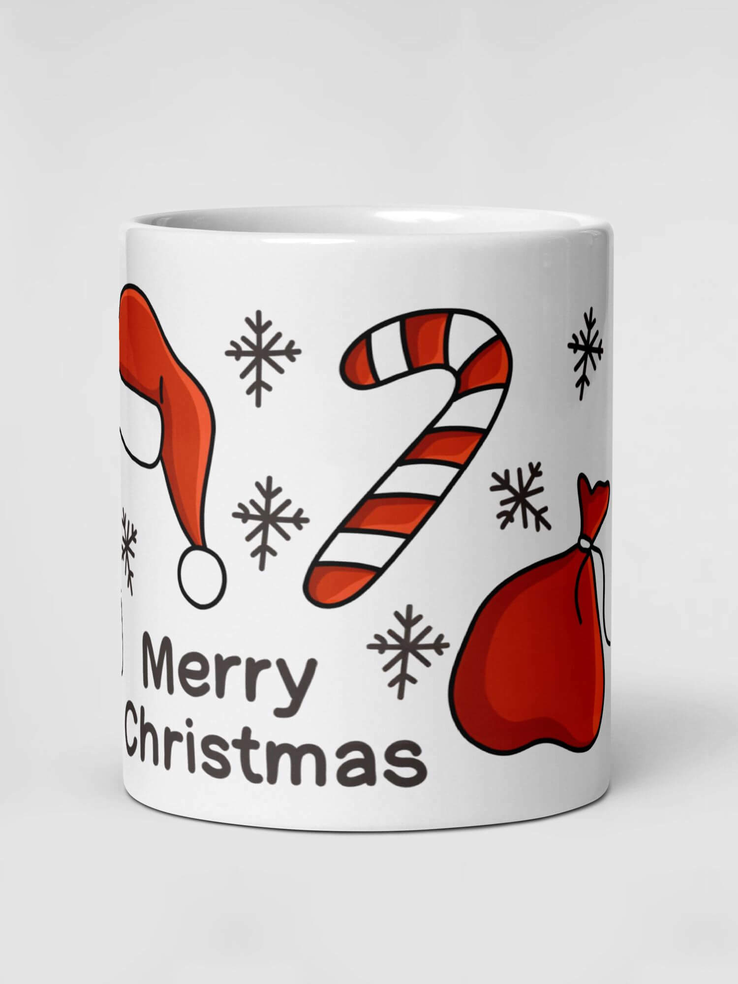 Glossy Merry Christmas Essentials Mug              Cartoon Holiday Season Snowflakes drinks cup coffee, tea, juice, milk drinking cups miteigi branded product item tumblers ceramics in white with red yellow green multicolor pattern Ceramic Anime Gifts Merry Christmas, poinsettia, Candy Cane, Santa Claus Hats and bells festive mugs