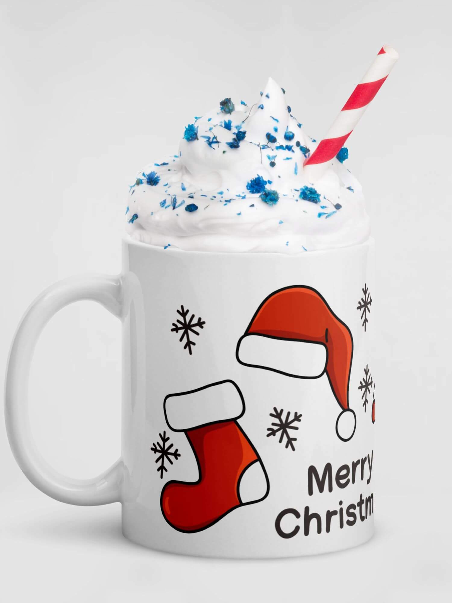 Glossy Merry Christmas Essentials Mug              Cartoon Holiday Season Snowflakes drinks cup coffee, tea, juice, milk drinking cups miteigi branded product item tumblers ceramics in white with red yellow green multicolor pattern Ceramic Anime Gifts Merry Christmas, poinsettia, Candy Cane, Santa Claus Hats and bells festive mugs