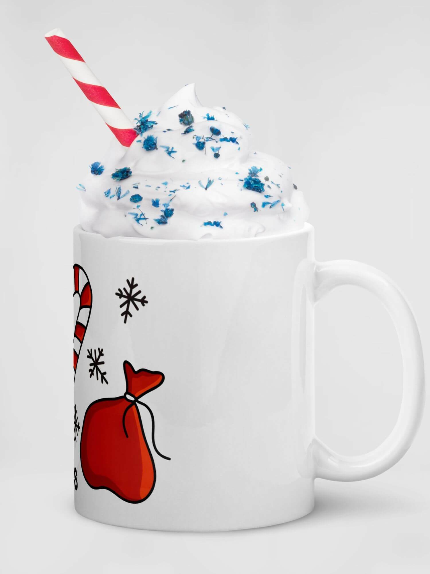 Glossy Merry Christmas Essentials Mug              Cartoon Holiday Season Snowflakes drinks cup coffee, tea, juice, milk drinking cups miteigi branded product item tumblers ceramics in white with red yellow green multicolor pattern Ceramic Anime Gifts Merry Christmas, poinsettia, Candy Cane, Santa Claus Hats and bells festive mugs