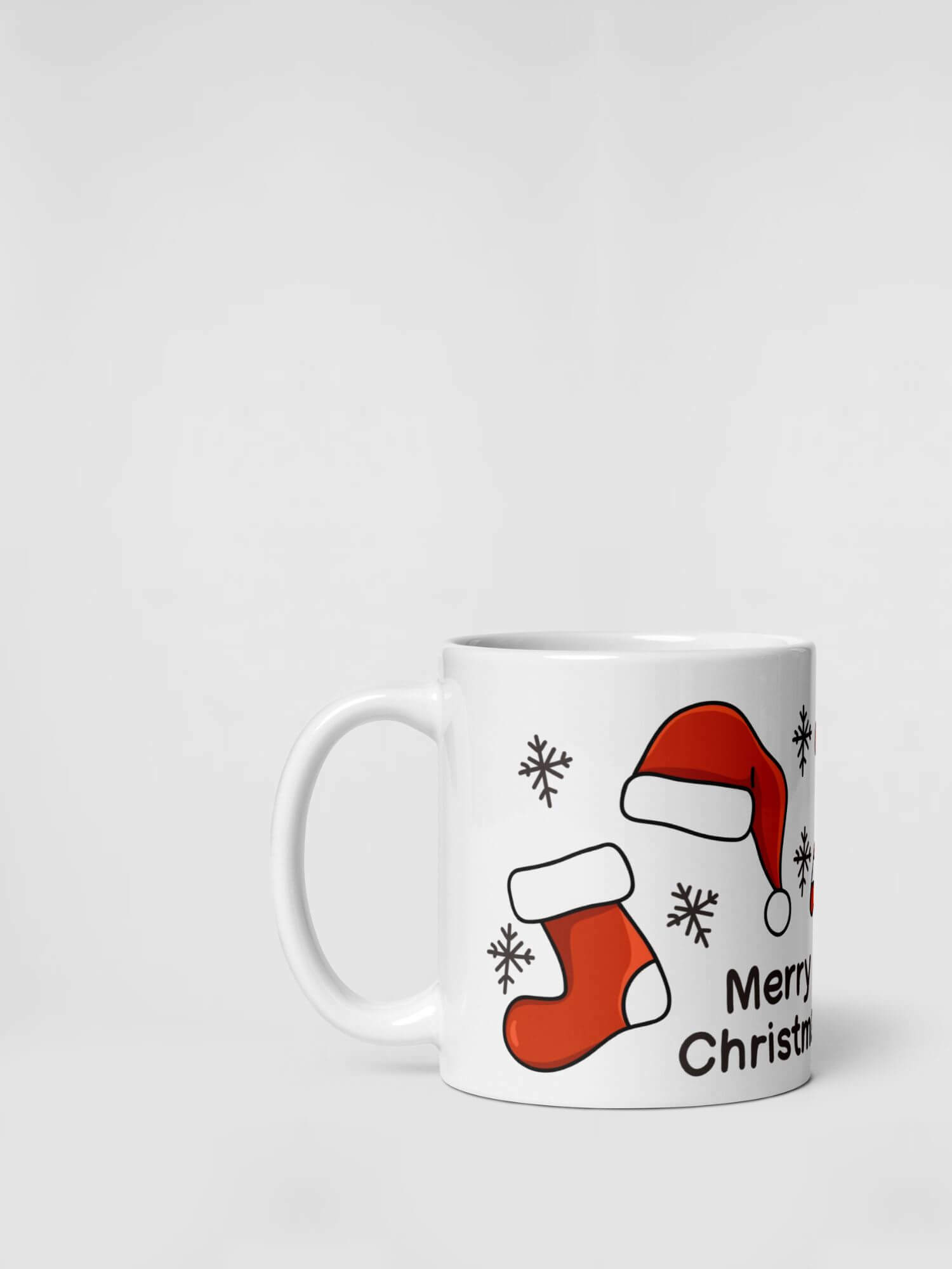 Glossy Merry Christmas Essentials Mug              Cartoon Holiday Season Snowflakes drinks cup coffee, tea, juice, milk drinking cups miteigi branded product item tumblers ceramics in white with red yellow green multicolor pattern Ceramic Anime Gifts Merry Christmas, poinsettia, Candy Cane, Santa Claus Hats and bells festive mugs