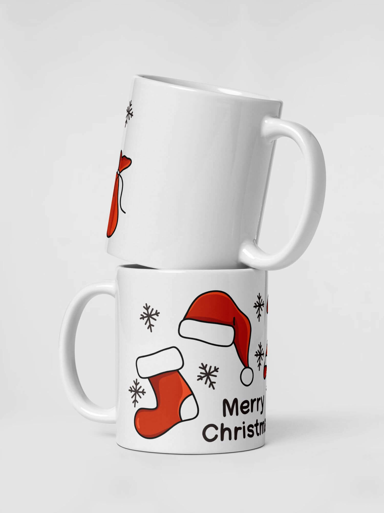 Glossy Merry Christmas Essentials Mug              Cartoon Holiday Season Snowflakes drinks cup coffee, tea, juice, milk drinking cups miteigi branded product item tumblers ceramics in white with red yellow green multicolor pattern Ceramic Anime Gifts Merry Christmas, poinsettia, Candy Cane, Santa Claus Hats and bells festive mugs