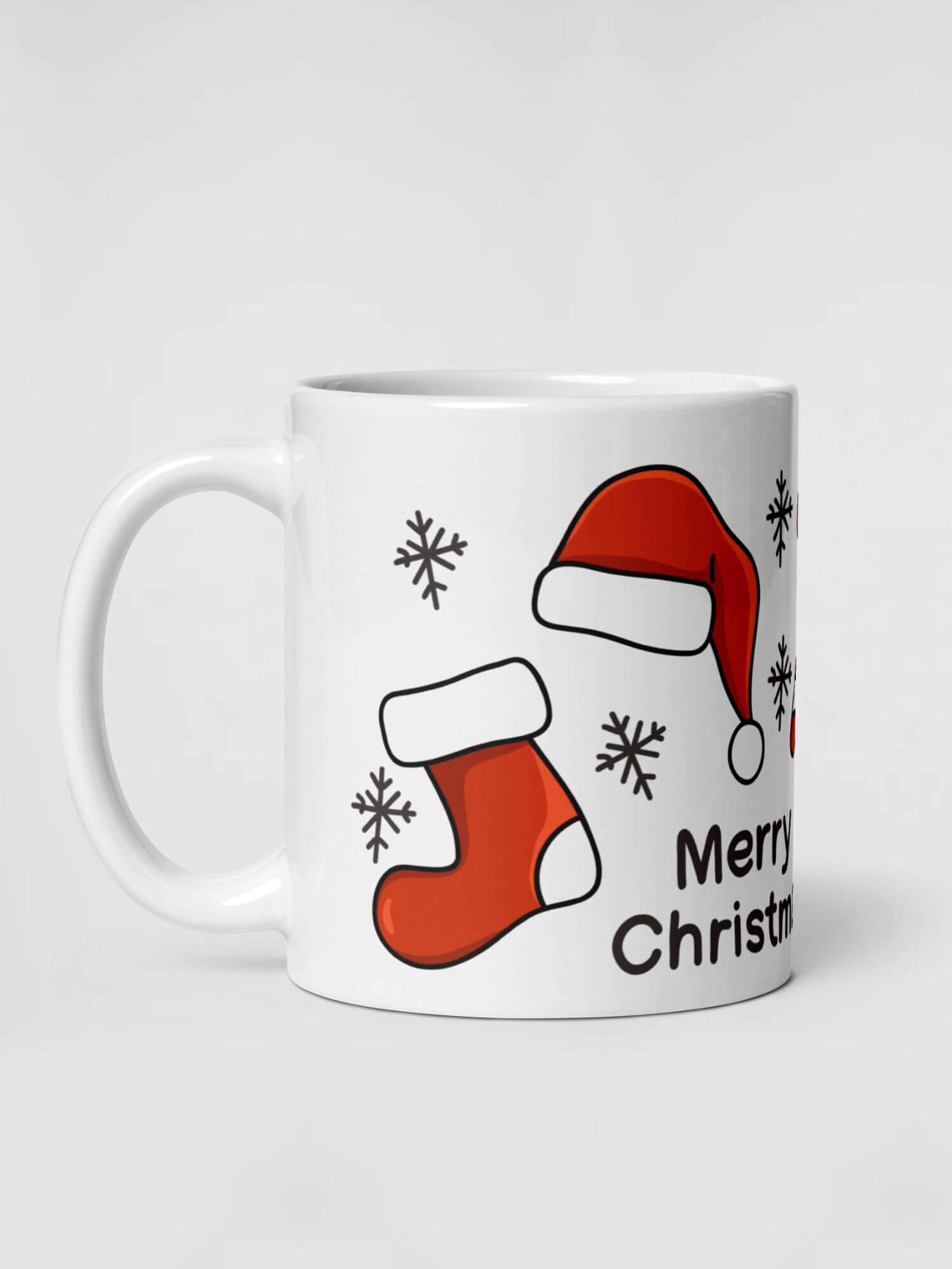 Glossy Merry Christmas Essentials Mug              Cartoon Holiday Season Snowflakes drinks cup coffee, tea, juice, milk drinking cups miteigi branded product item tumblers ceramics in white with red yellow green multicolor pattern Ceramic Anime Gifts Merry Christmas, poinsettia, Candy Cane, Santa Claus Hats and bells festive mugs