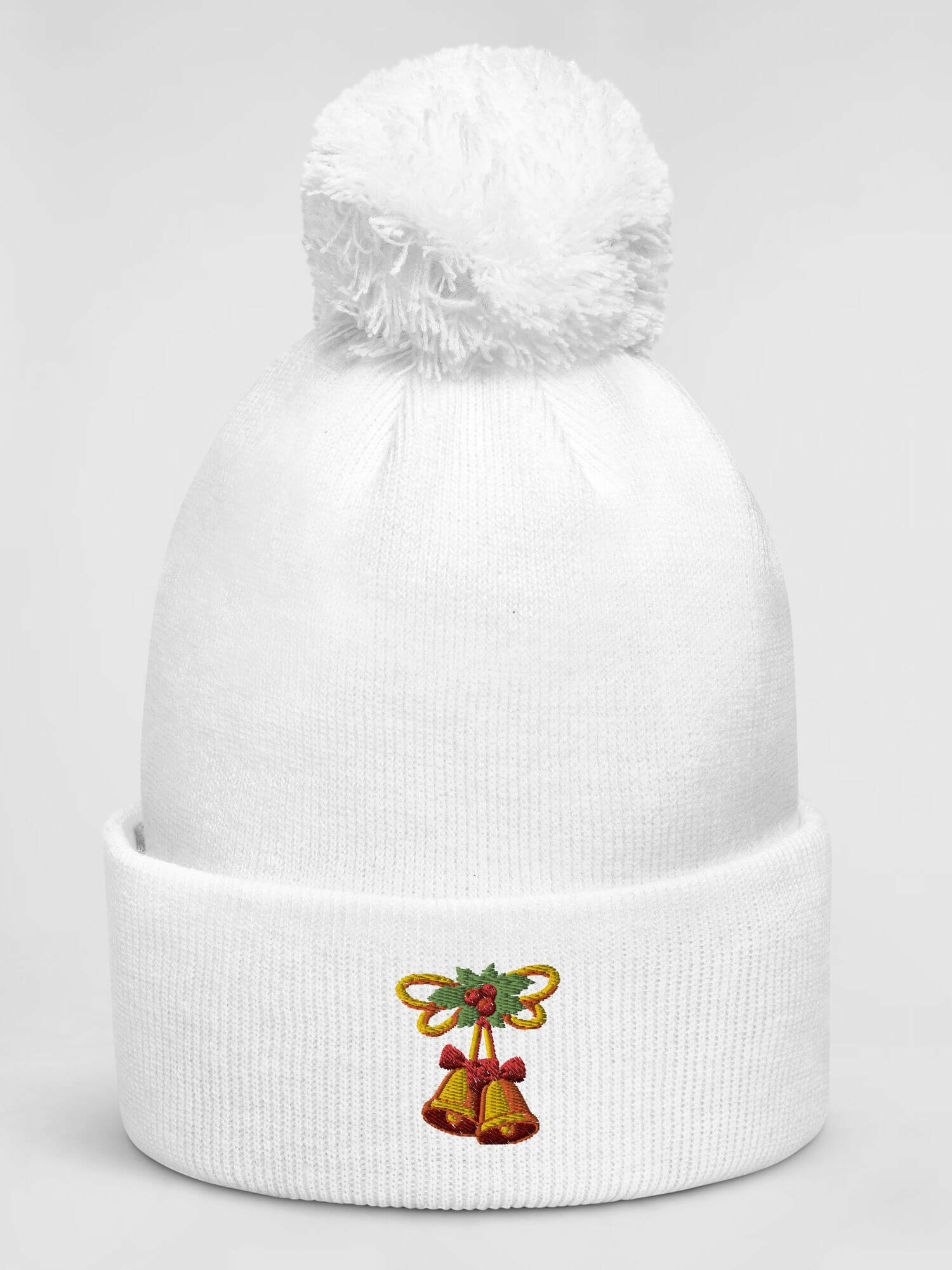 Pom Pom Holidays Beanie  Genderful Unisex Anywear Mens Women’s Warm Hat High Quality Solid Leisure Sleeve womens Hats Beanies Anime Gifts Merry Christmas, poinsettia and bells festive  Holiday Season Skiing Winter Sportswear Headwear for Man Woman in white red golden green