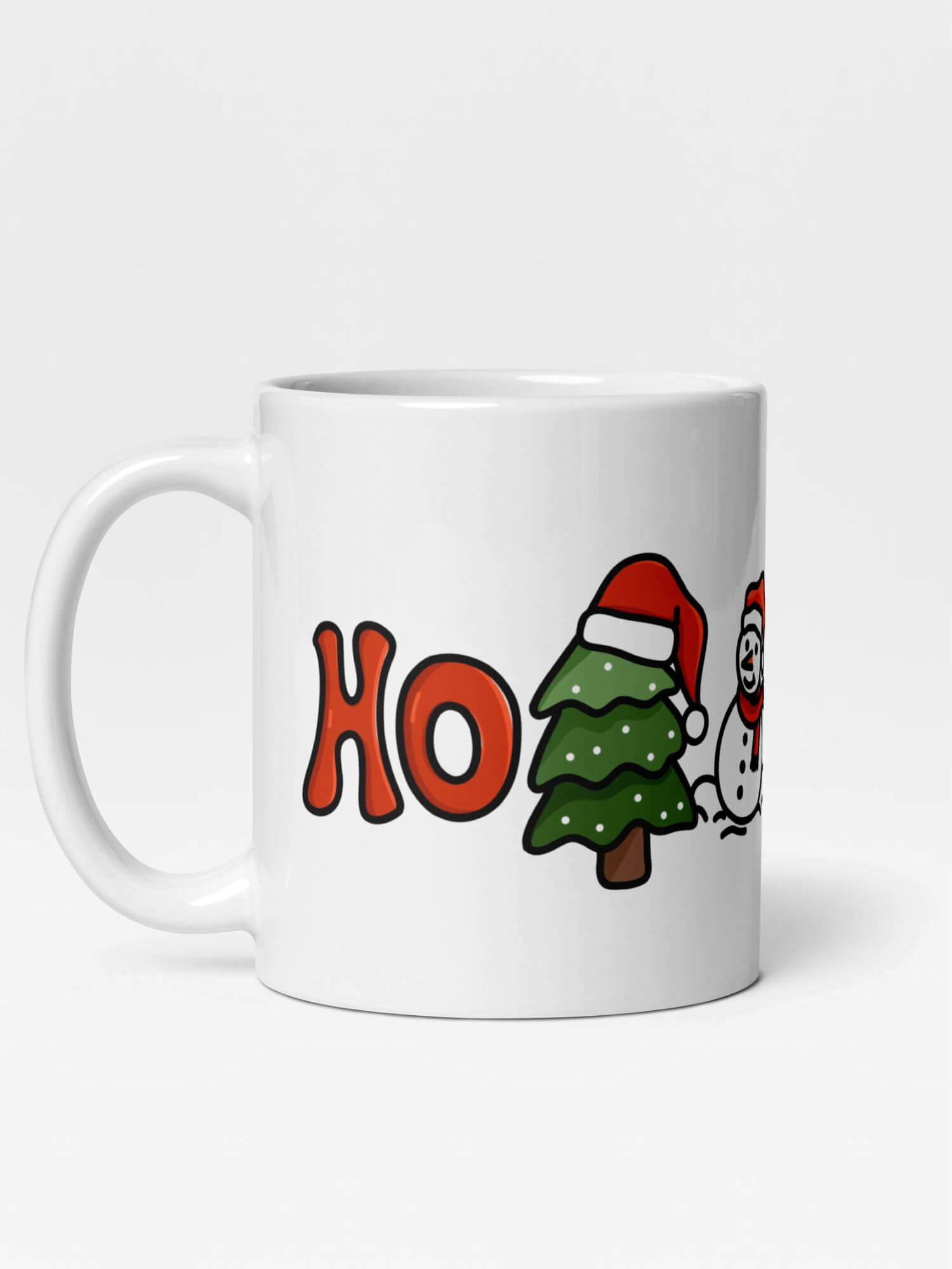 Glossy Ho Ho Mug               Cartoon Holiday Season Snowmen drinks cup coffee, tea, juice, milk drinking cups miteigi branded product item tumblers ceramics in white with red green multicolor pattern Ceramic Anime Gifts Merry Christmas, Ho Ho Ho, Santa Claus Hats and Snowman festive mugs