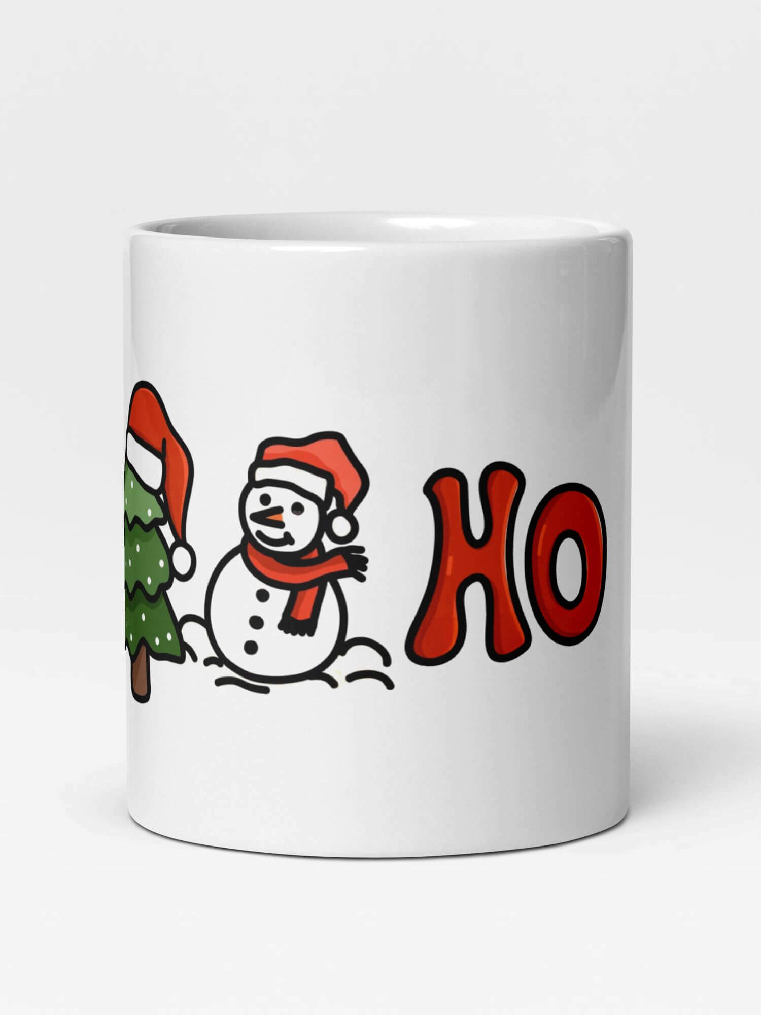 Glossy Ho Ho Mug               Cartoon Holiday Season Snowmen drinks cup coffee, tea, juice, milk drinking cups miteigi branded product item tumblers ceramics in white with red green multicolor pattern Ceramic Anime Gifts Merry Christmas, Ho Ho Ho, Santa Claus Hats and Snowman festive mugs