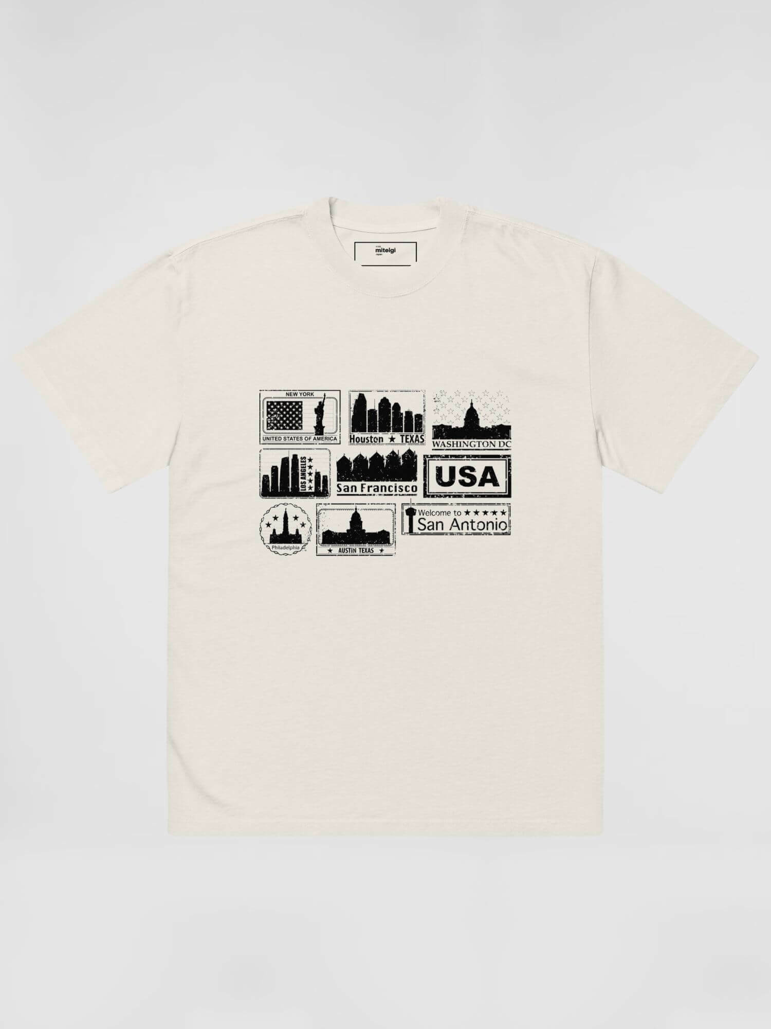 Oversized Faded Graphic T-Shirt Unisex Anywear Men’s Women’s Cartoon city stamp print short sleeves crewneck round o-neck crew neck tees T-Shirts for man woman in khaki beige with black pattern Mens Womens USA American cities New York, Houston, Texas, Los Angeles, California, Washington DC, Philadelphia, Austin, San Antonio, Texas, United States Of America Gifts petite tall plus size Tops