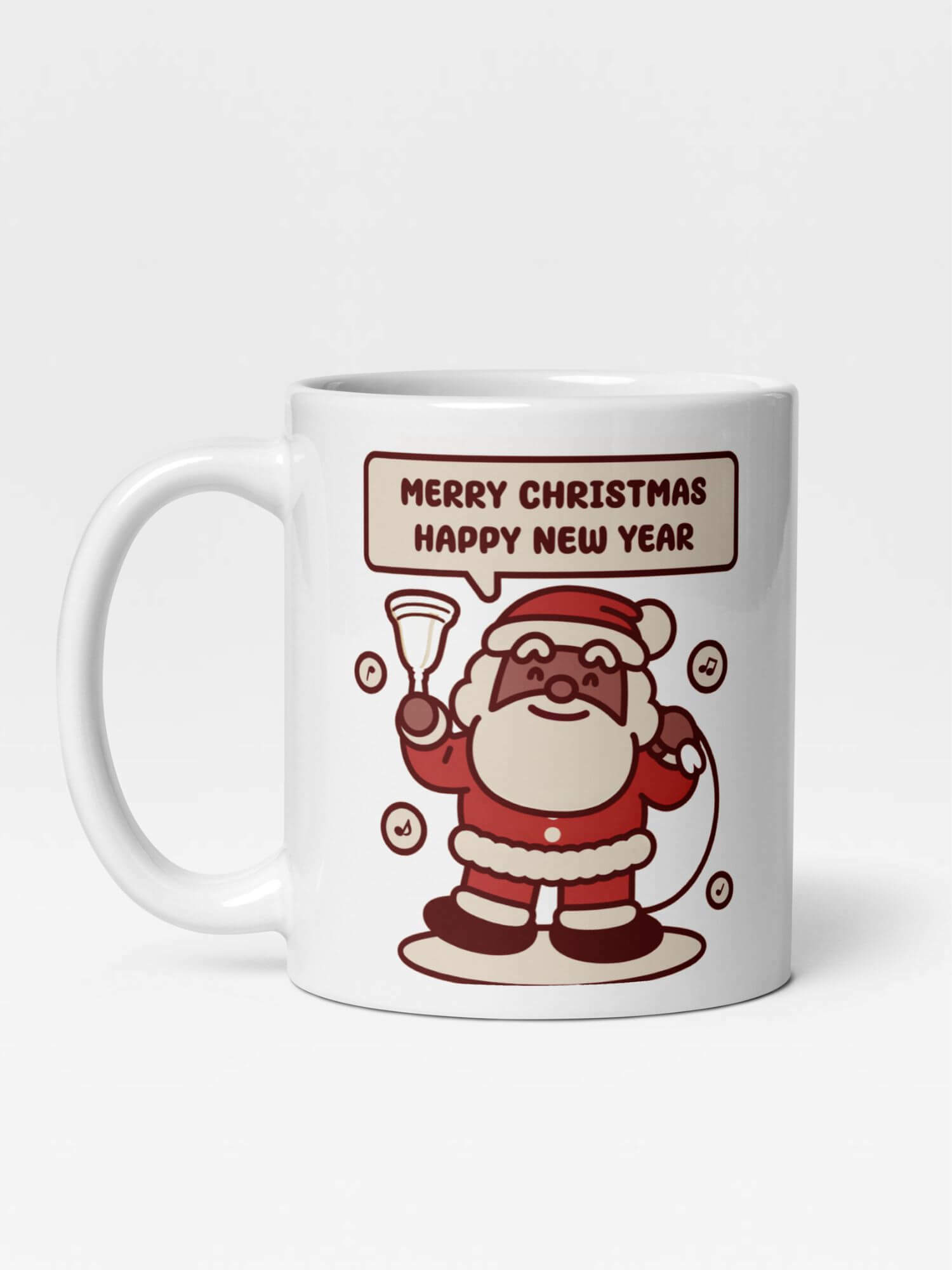 Glossy Seasons Greetings Mug           Cartoon Santa Claus Bell Ringer songs drinks cup coffee, tea, juice, milk drinking cups miteigi branded product item tumblers ceramics in white with black brown Father Christmas charitable street collector multicolor pattern Ceramic Anime Gifts Mery Christmas Happy New Year charity musical singer holiday season festive mugs