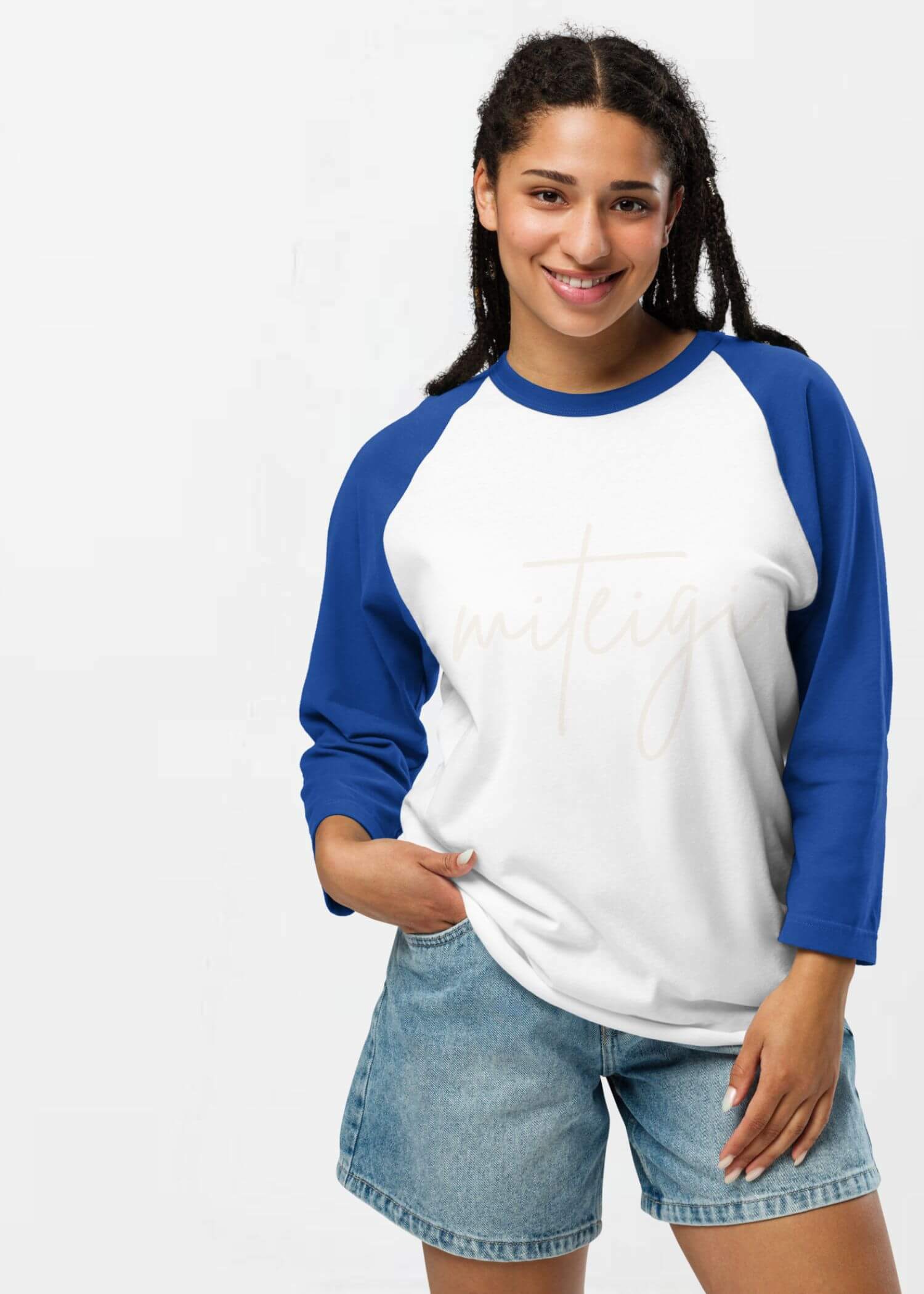 miteigi Script Logo Raglan T-Shirt Genderful Unisex anywear 3/4 sleeves crewneck round o-neck patchwork tops T-Shirts for man woman in white with blue mens womens Tees miteigi-Logo Branded product item