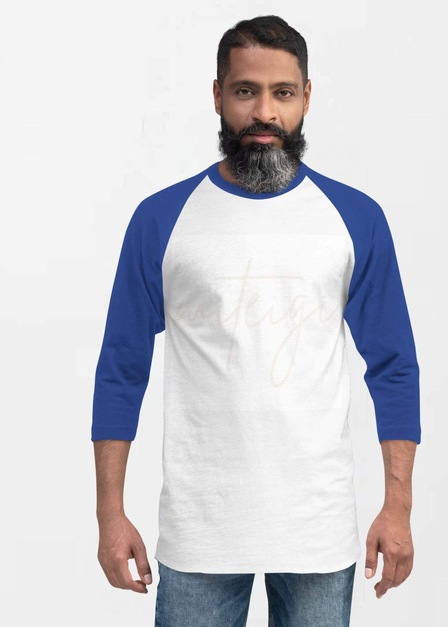 miteigi Script Logo Raglan T-Shirt Genderful Unisex anywear 3/4 sleeves crewneck round o-neck patchwork tops T-Shirts for man woman in white with blue mens womens Tees miteigi-Logo Branded product item