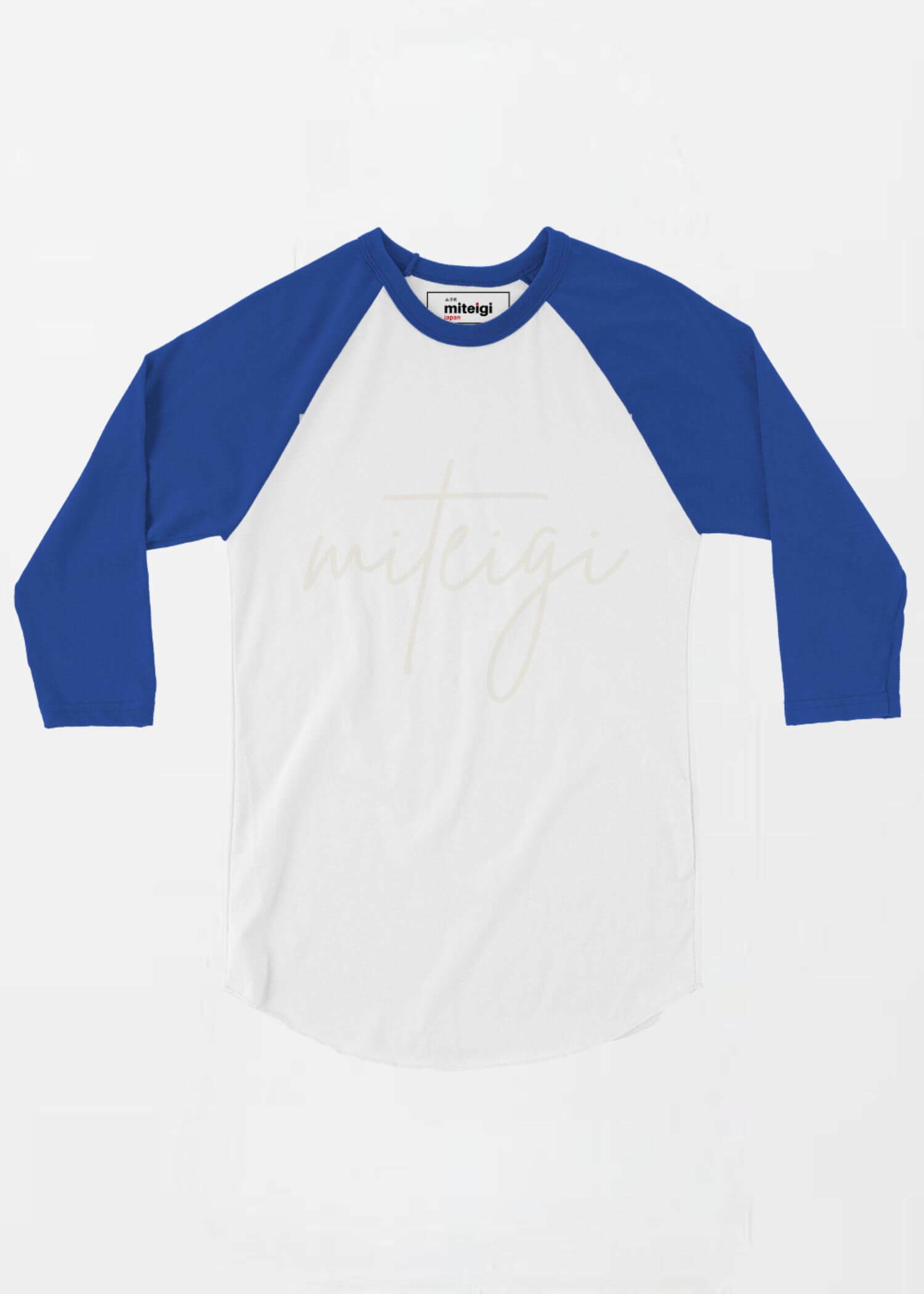 miteigi Script Logo Raglan T-Shirt Unisex anywear 3/4 sleeves crewneck round o-neck patchwork tops T-Shirts for man woman in white with blue mens womens Tees miteigi-Logo Branded product item