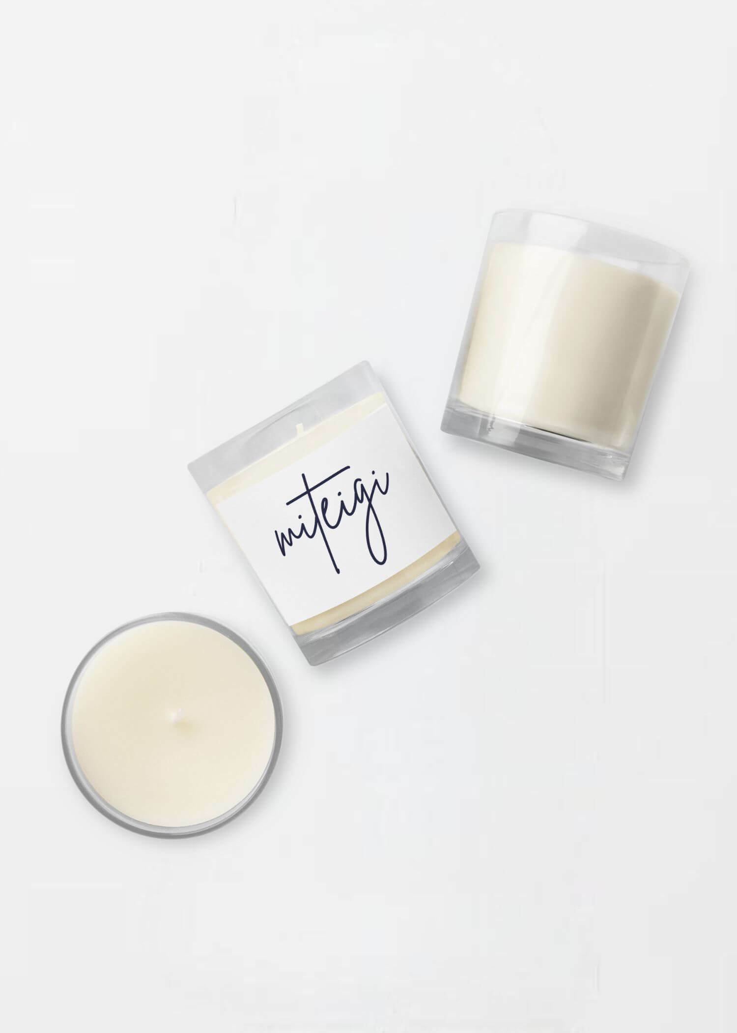 miteigi Glass Jar Soy Wax Candle miteigi script logo branded product item unscented candles home decor 