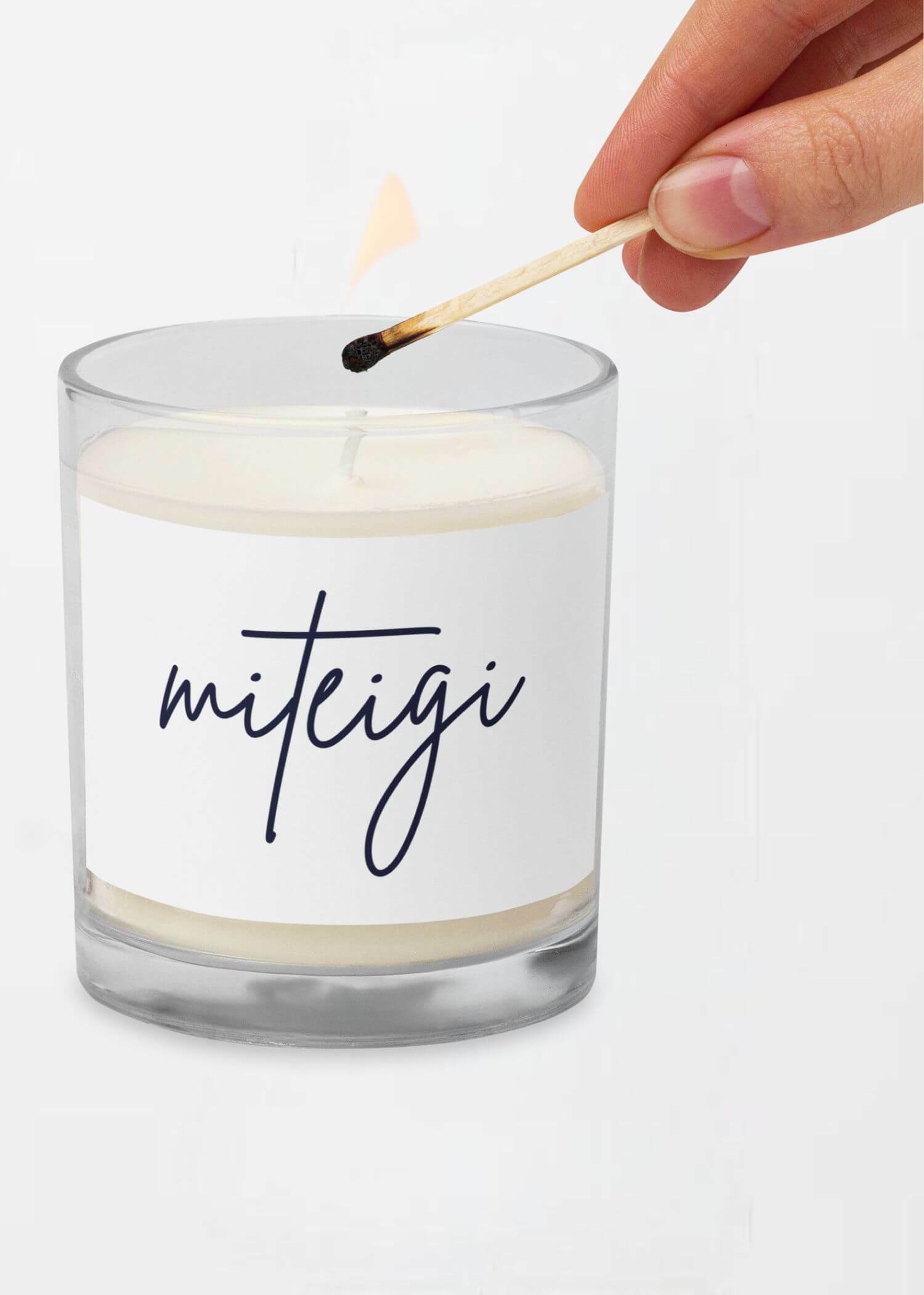 miteigi Glass Jar Soy Wax Candle miteigi script logo branded product item unscented candles home decor 