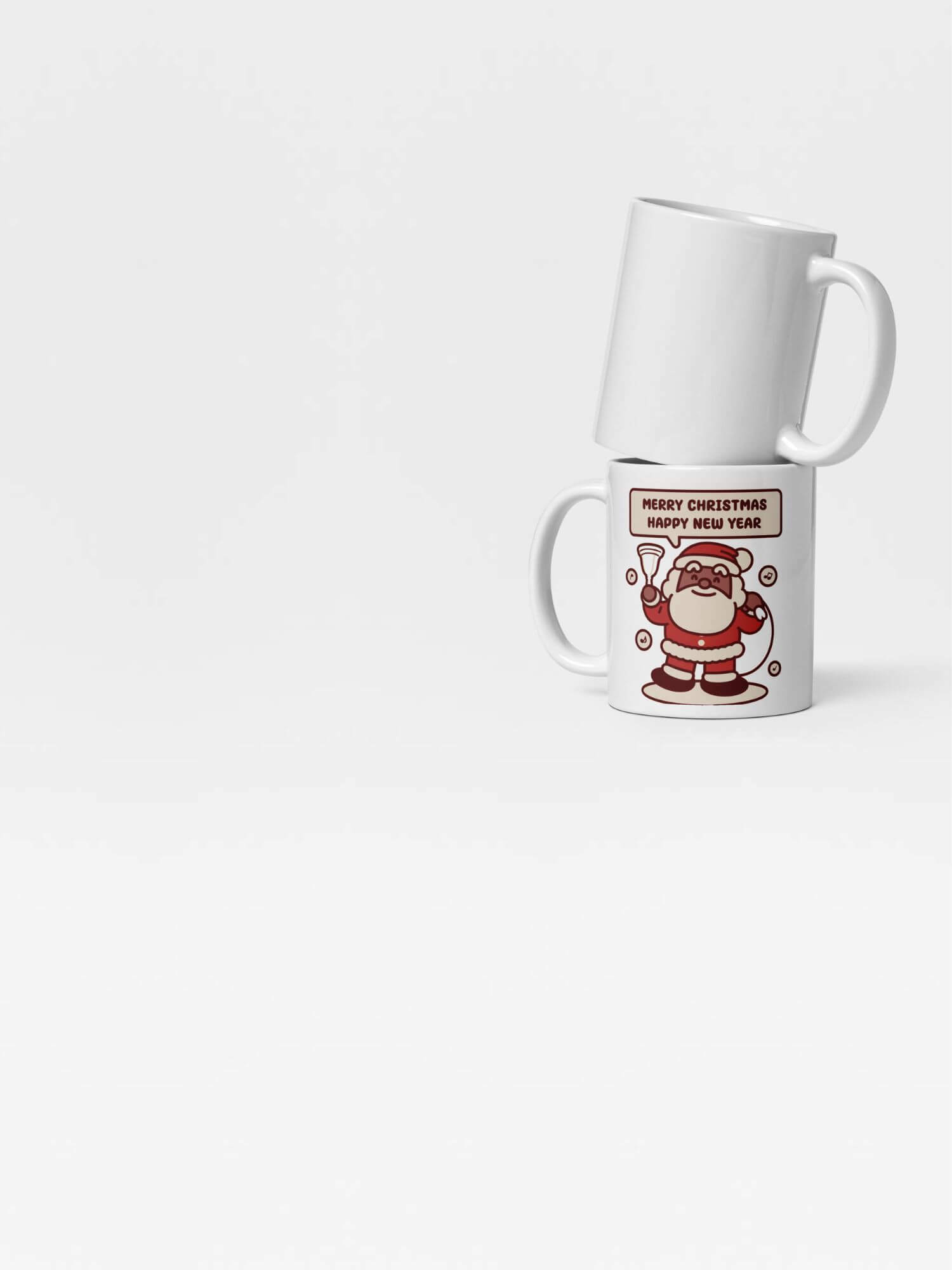 Glossy Seasons Greetings Mug           Cartoon Santa Claus Bell Ringer songs drinks cup coffee, tea, juice, milk drinking cups miteigi branded product item tumblers ceramics in white with black brown Father Christmas charitable street collector multicolor pattern Ceramic Anime Gifts Mery Christmas Happy New Year charity musical singer holiday season festive mugs