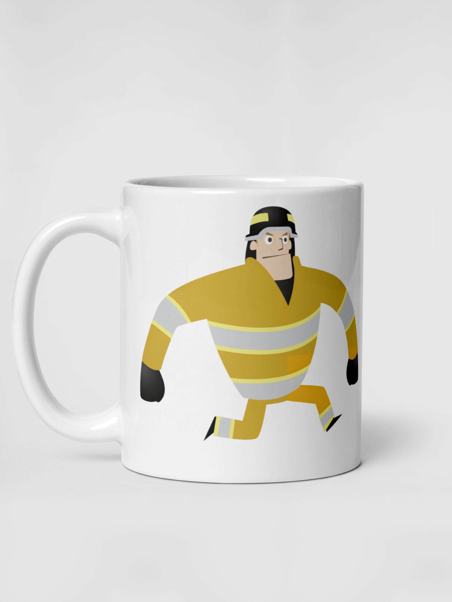 Glossy FireFighter Mug               Cartoon fire fighters character drinks cup coffee, tea, juice, milk drinking cups miteigi branded product item tumblers ceramics in white with yellow multicolor pattern Ceramic Anime Gifts emergency services workers mugs