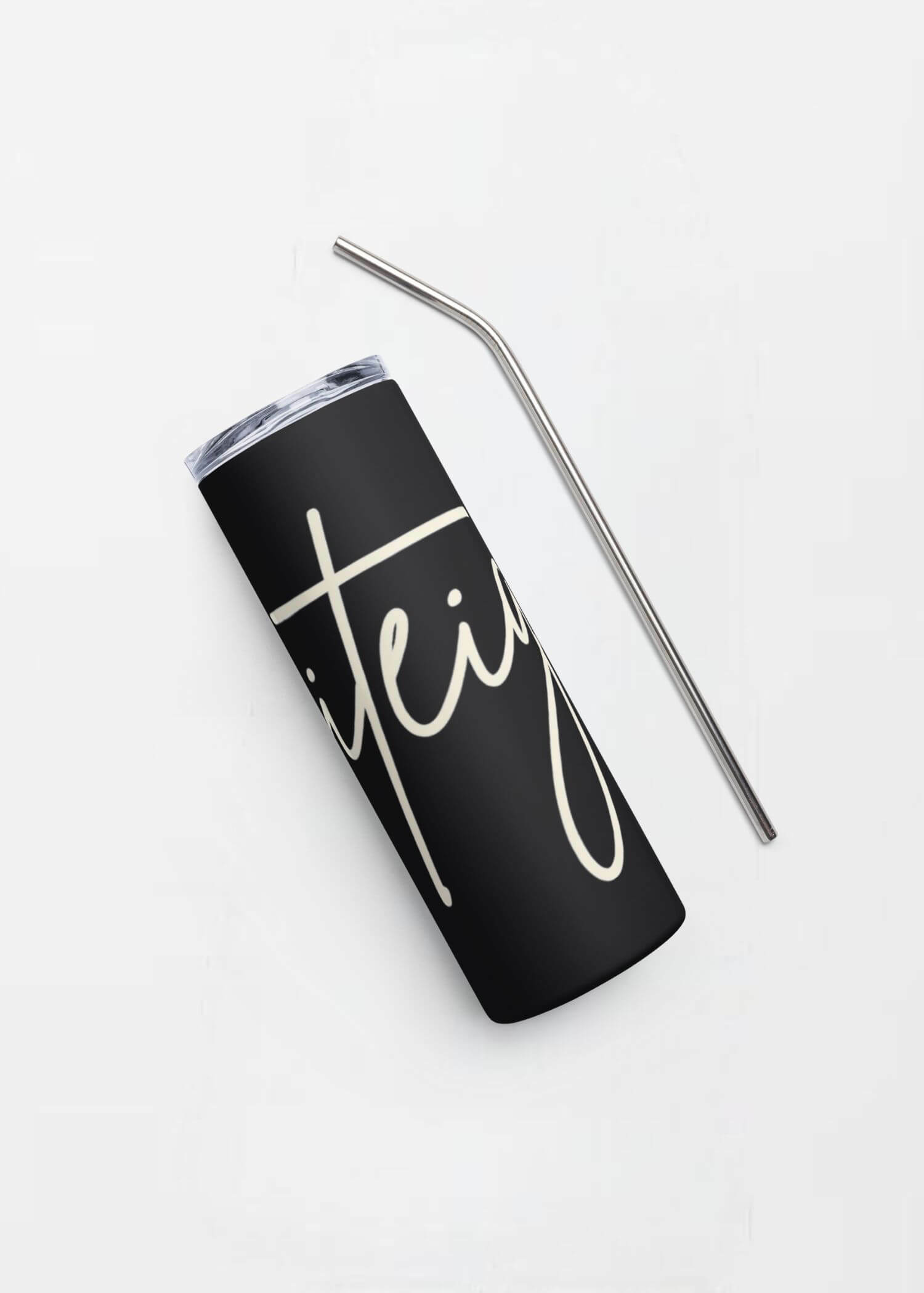 Stainless Steel Script Tumbler miteigi Logo miteigi-Logo branded product item travel mugs metal tumblers with straw and lid black with cosmic latte branding