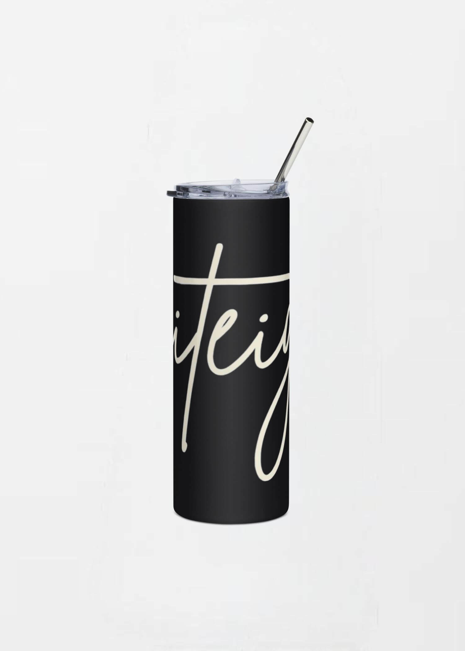 Stainless Steel Script Tumbler miteigi Logo miteigi-Logo branded product item travel mugs metal tumblers with straw and lid black with cosmic latte branding