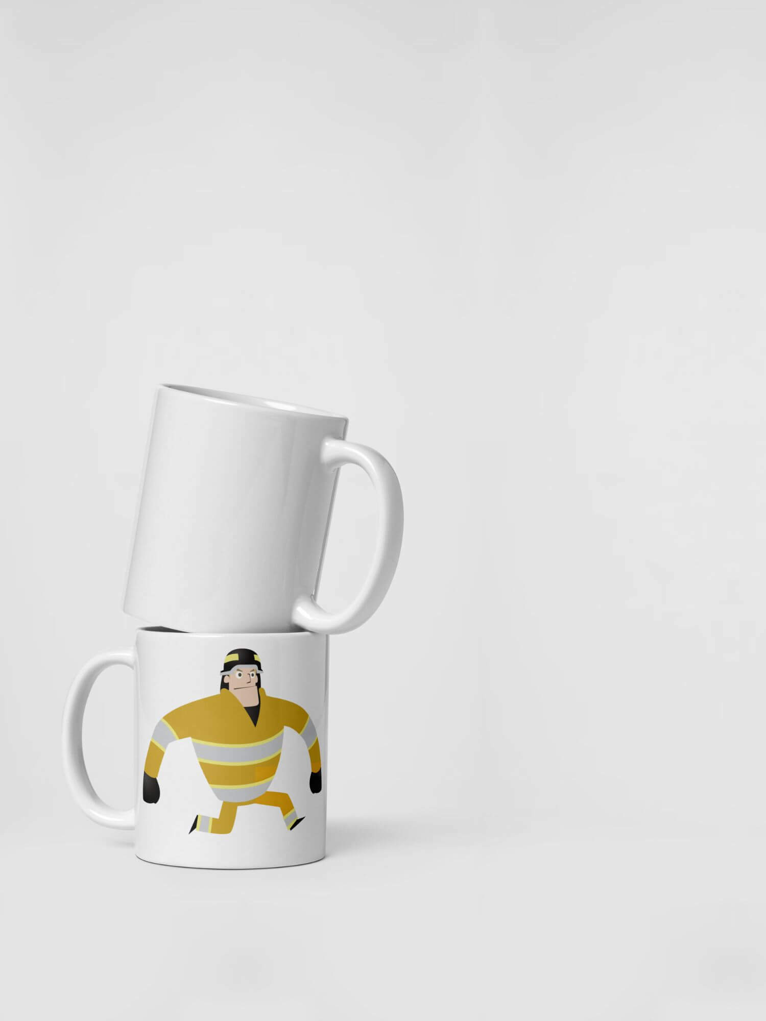 Glossy FireFighter Mug               Cartoon fire fighters character drinks cup coffee, tea, juice, milk drinking cups miteigi branded product item tumblers ceramics in white with yellow multicolor pattern Ceramic Anime Gifts emergency services workers mugs