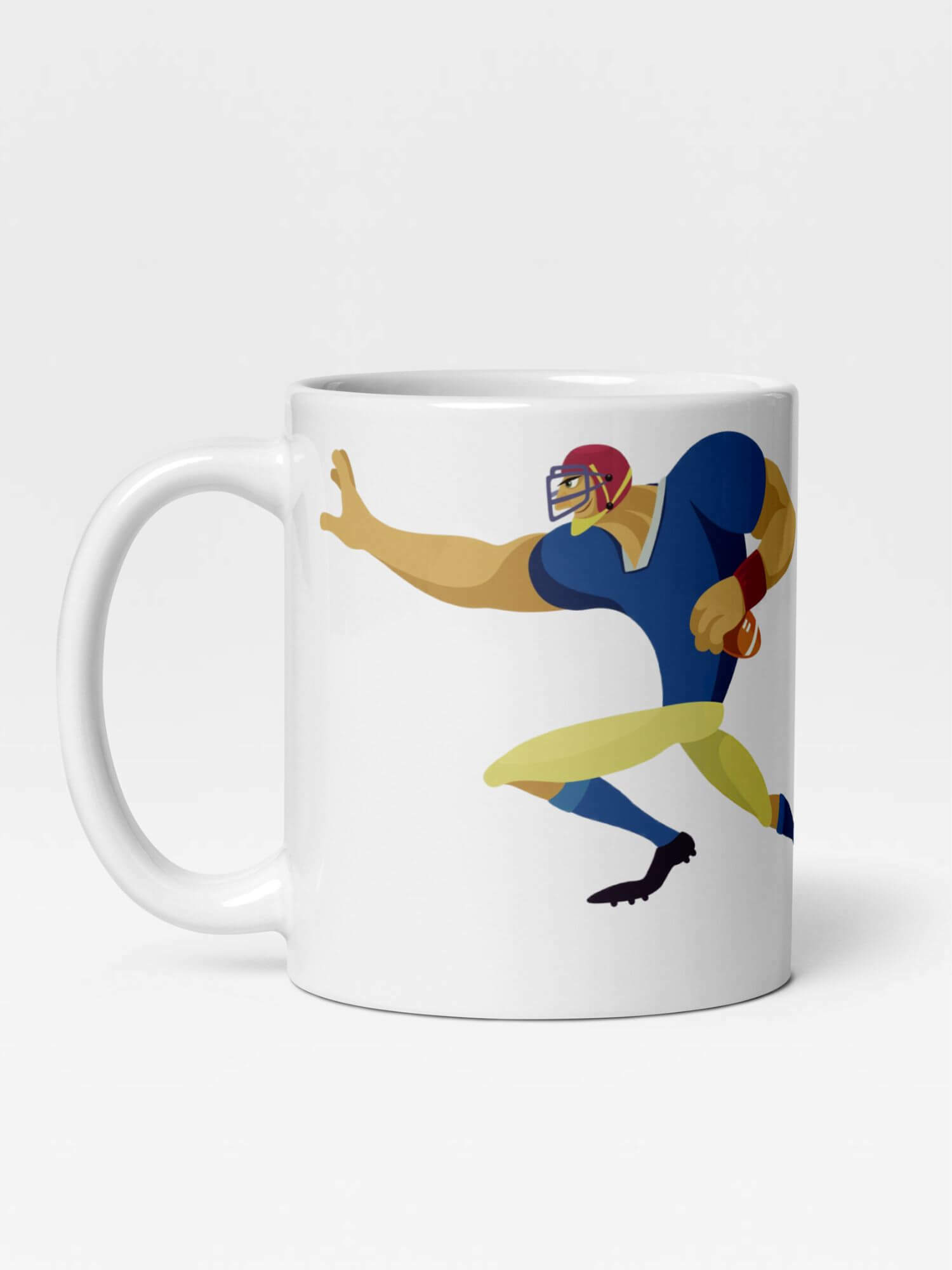 Glossy Football Player Mug                Cartoon Sports character drinks cup coffee, tea, juice, milk drinking cups miteigi branded product item tumblers ceramics in white with blue yellow red multicolor pattern Ceramic Anime Gifts American players mugs