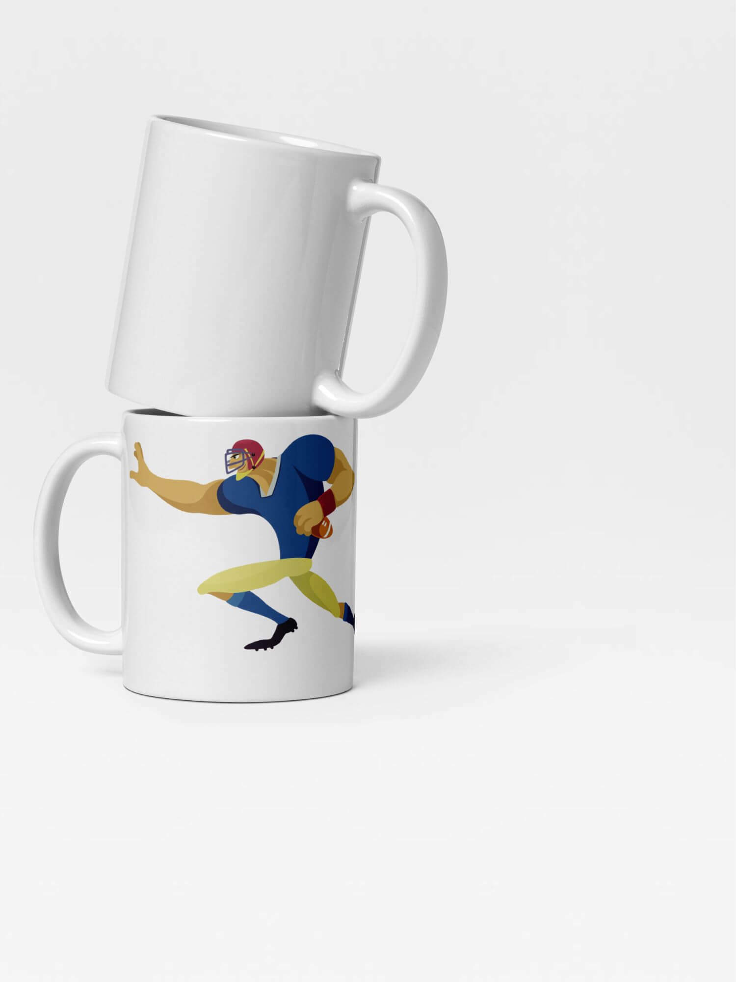 Glossy Football Player Mug                Cartoon Sports character drinks cup coffee, tea, juice, milk drinking cups miteigi branded product item tumblers ceramics in white with blue yellow red multicolor pattern Ceramic Anime Gifts American players mugs