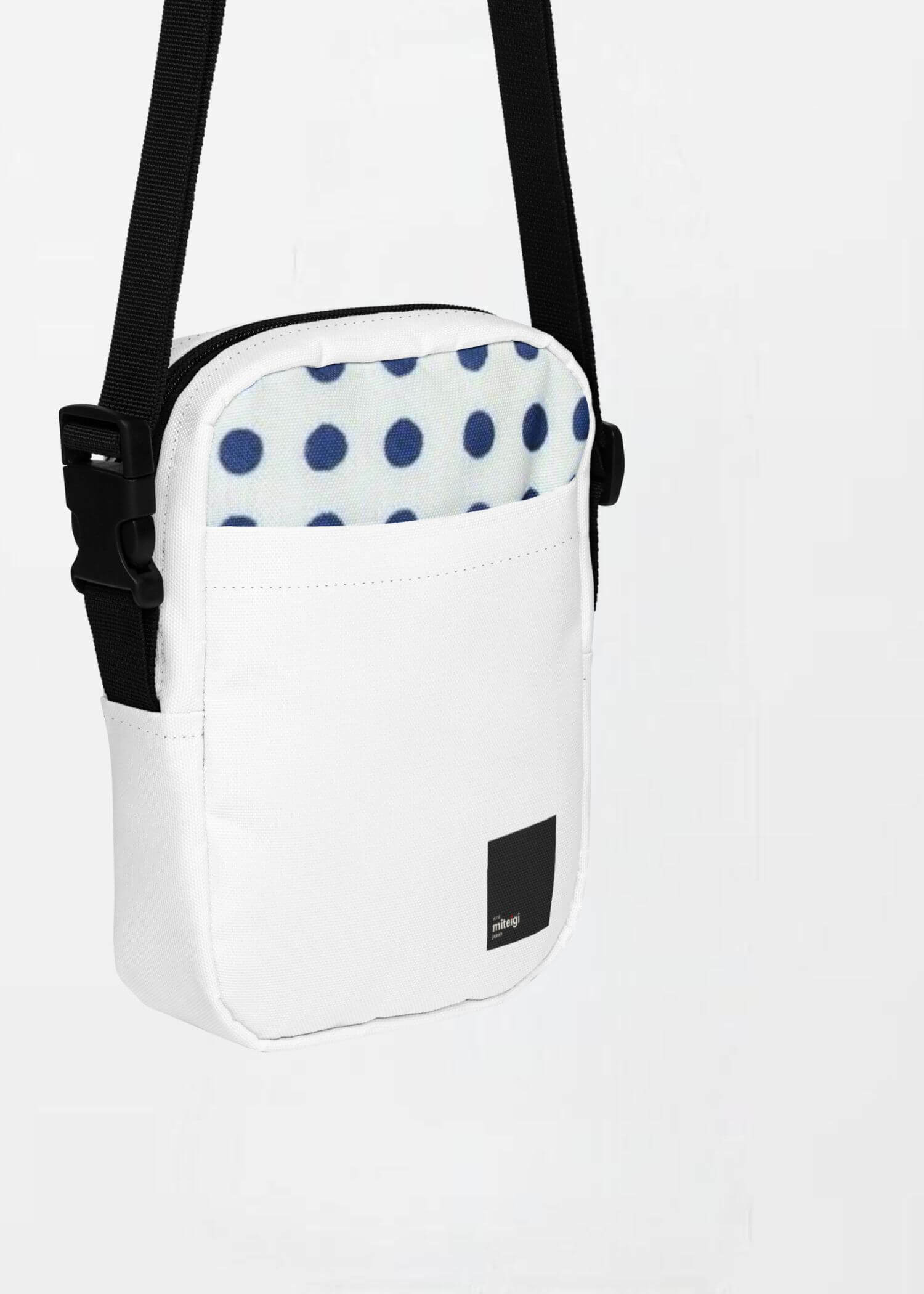 Mameshibori Utility Crossbody Bag miteigi Logo   Unisex Men’s Women’s miteigi-logo everyday use Japanese shoulder bags Luggage for man woman in white with black design and Mameshibori pattern highlights womens mens accessory