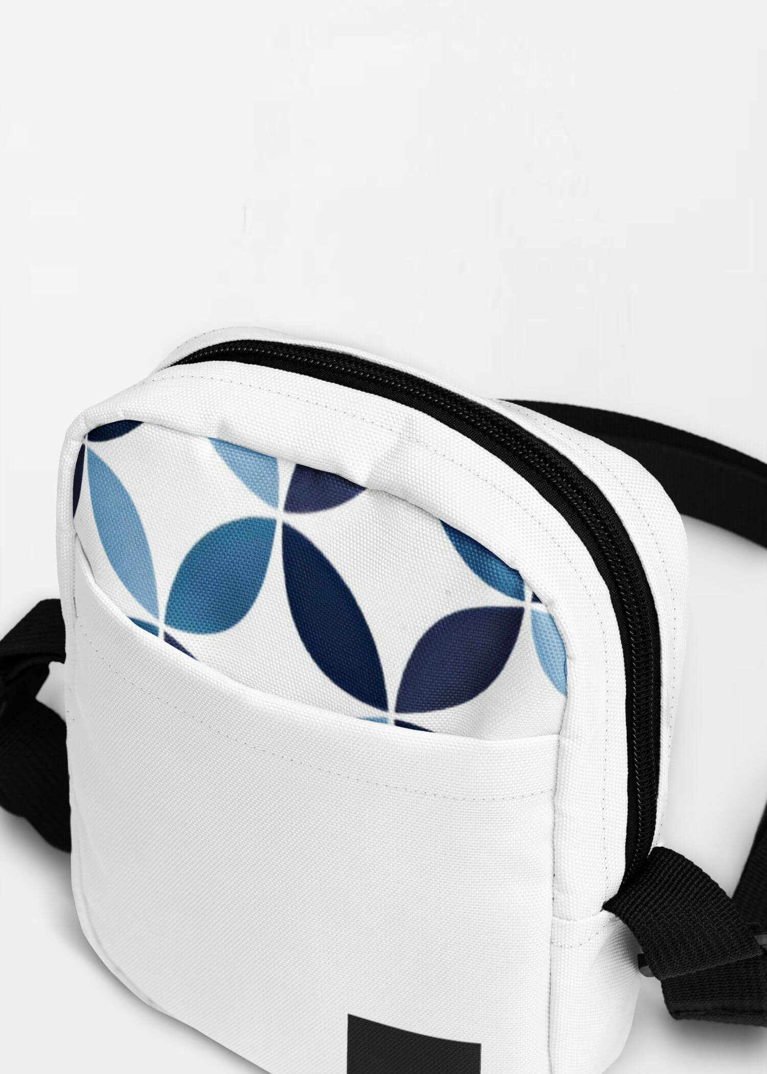 Utility Crossbody Bag miteigi Logo indigo   Unisex Men’s Women’s everyday use Japanese shoulder bags Luggage for man woman in white with black design and blue patchwork circles pattern highlights womens mens accessory