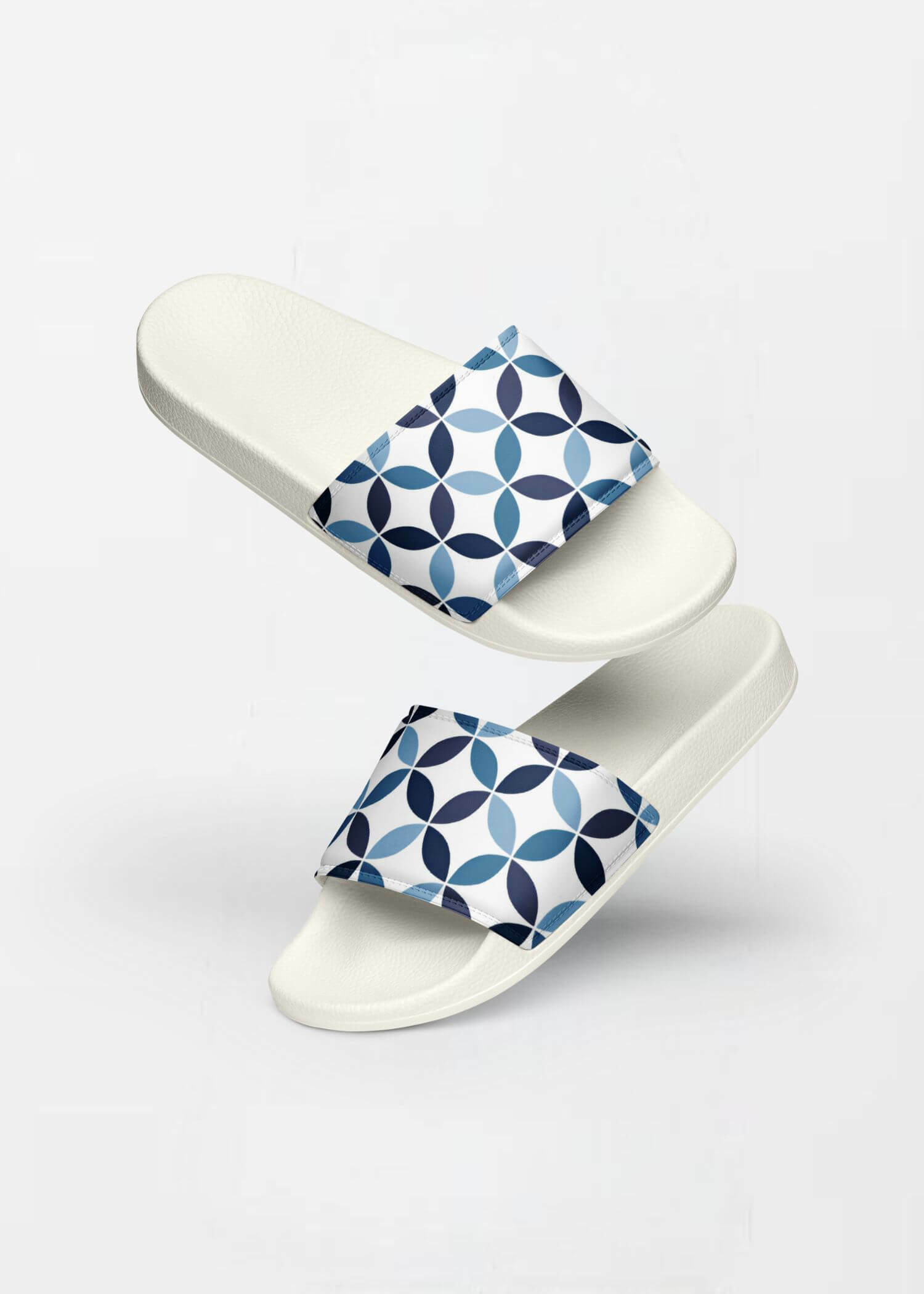 miteigi Supanova Circle Slides indigo blue Women’s casual patchwork flip flops miteigi logo designed sandals for woman in indigo blue circles Womens beachwear slippers Vacation getaway holiday footwear in white 