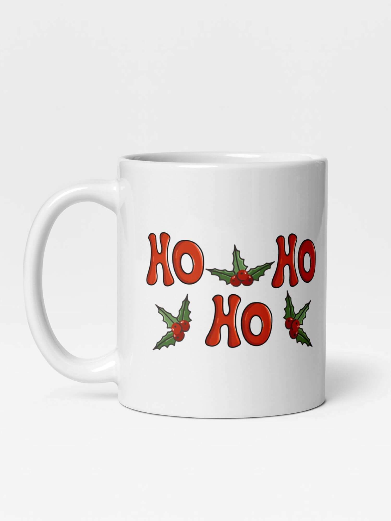 Glossy Ho Ho Ho Mug                Cartoon Holiday Season leafs drinks cup coffee, tea, juice, milk drinking cups miteigi branded product item tumblers ceramics in white with red green multicolor pattern Ceramic Anime Gifts Merry Christmas, Ho Ho, Holly and Ivy festive mugs