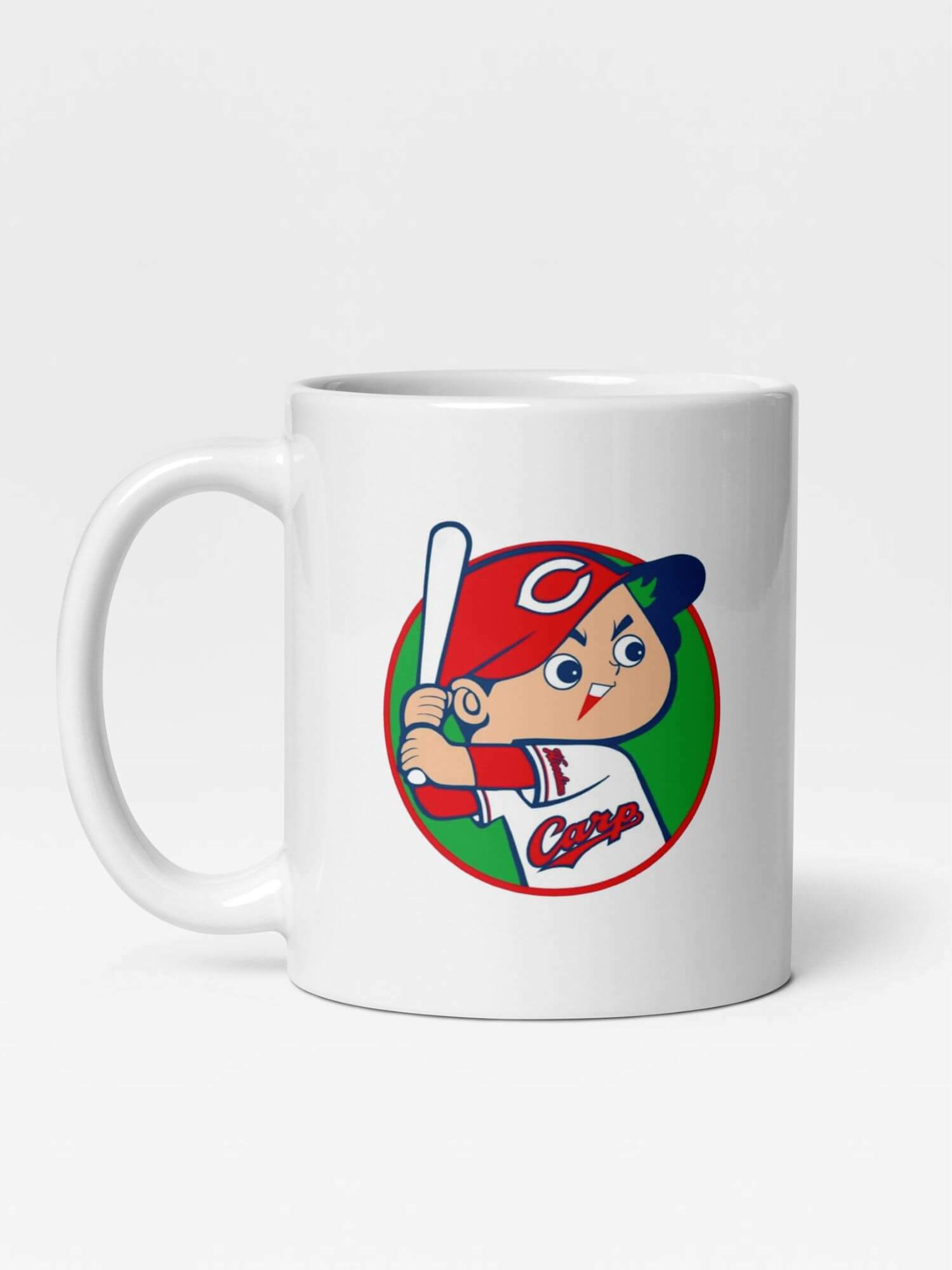 Glossy Hiroshima Toyo Carp Mug                   Cartoon Japan sports character drinks cup coffee, tea, juice, milk drinking cups miteigi branded product item tumblers ceramics in white with red blue multicolor pattern Baseball sport gear Japanese Kure Ceramic Anime Fans Gifts mugs