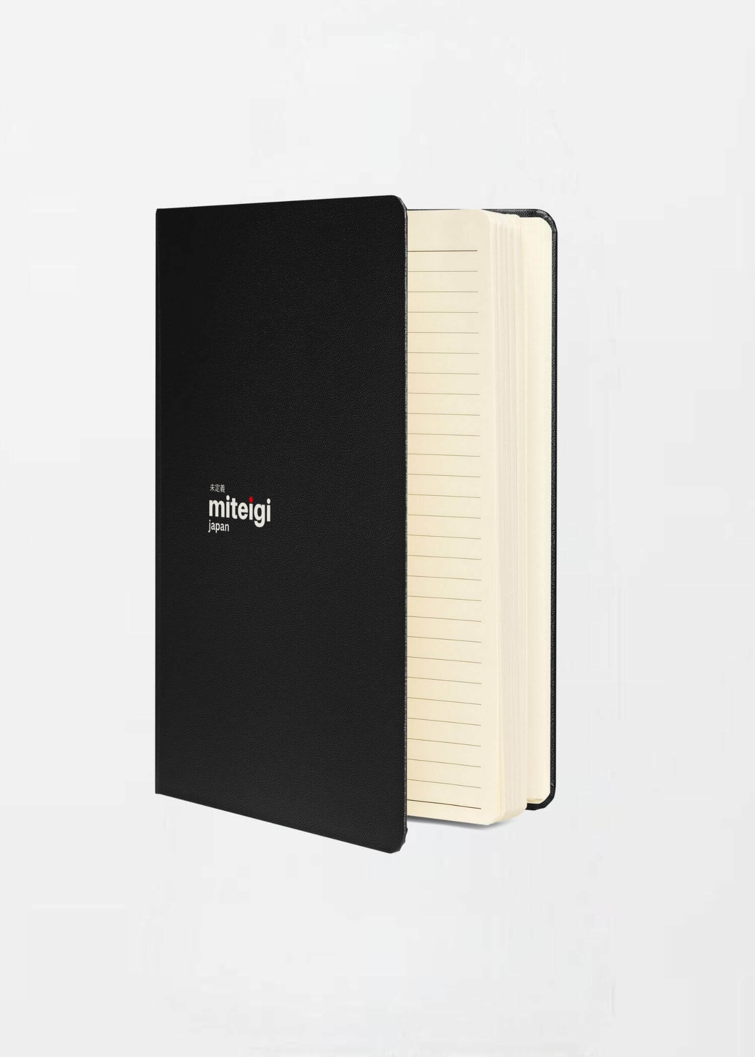 Hardcover Bound Notebook miteigi Logo  80 pages of lined, cream-colored paper, matching elastic closure, ribbon marker and expandable inner pocket Office stationary hardback Notebooks supplies 5.5"×8.5" Journals in Black 