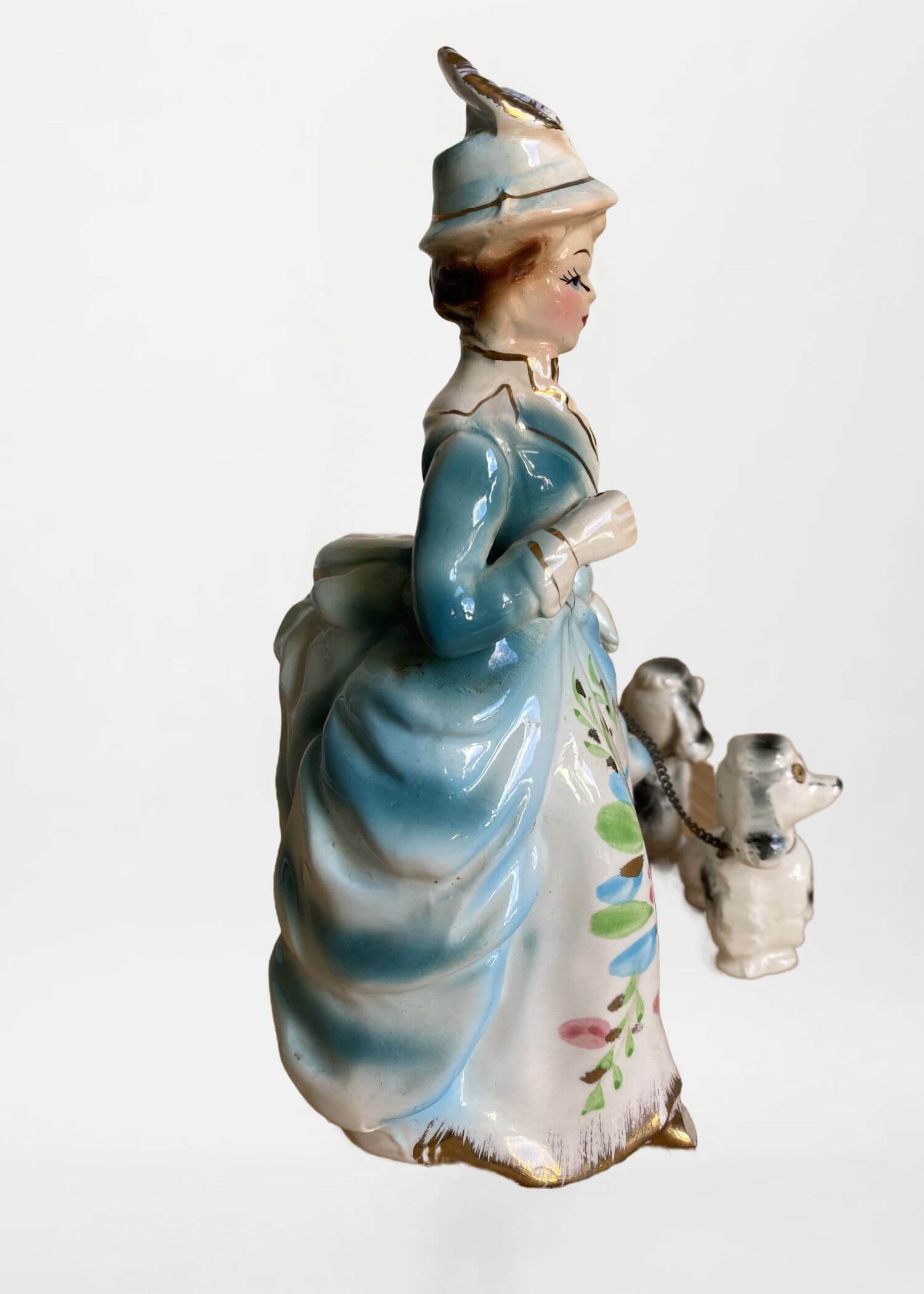 Porcelain Lady with Poodle FIGURINE of Woman in blue white floral dress Walking Her Dogs on a Leash, Vintage Figurines Porcelain Ceramic 1960c antiques 