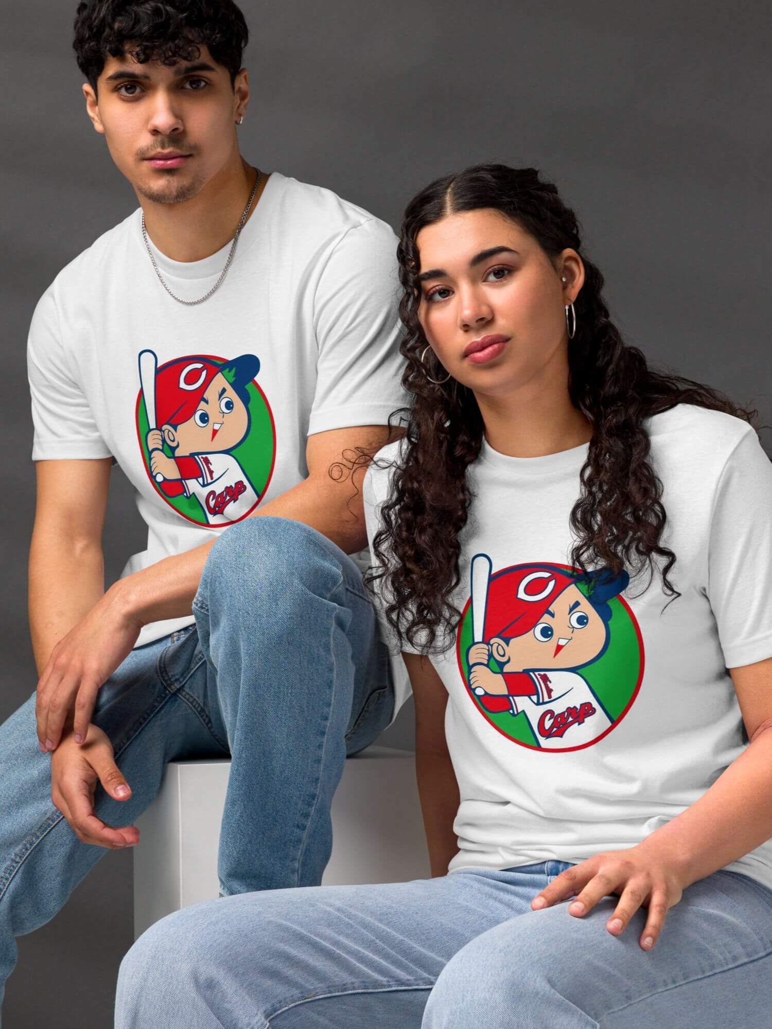 Hiroshima Toyo Carp Eco T-Shirt   Genderful Unisex Anywear Men’s Women’s Cartoon Japan sports character short sleeves crewneck round o-neck crew neck tees T-Shirts for man woman in white with red blue multicolor pattern Mens Womens eco-friendly Baseball sport gear Japanese Kure Anime Fans Gifts petite tall plus size Tops