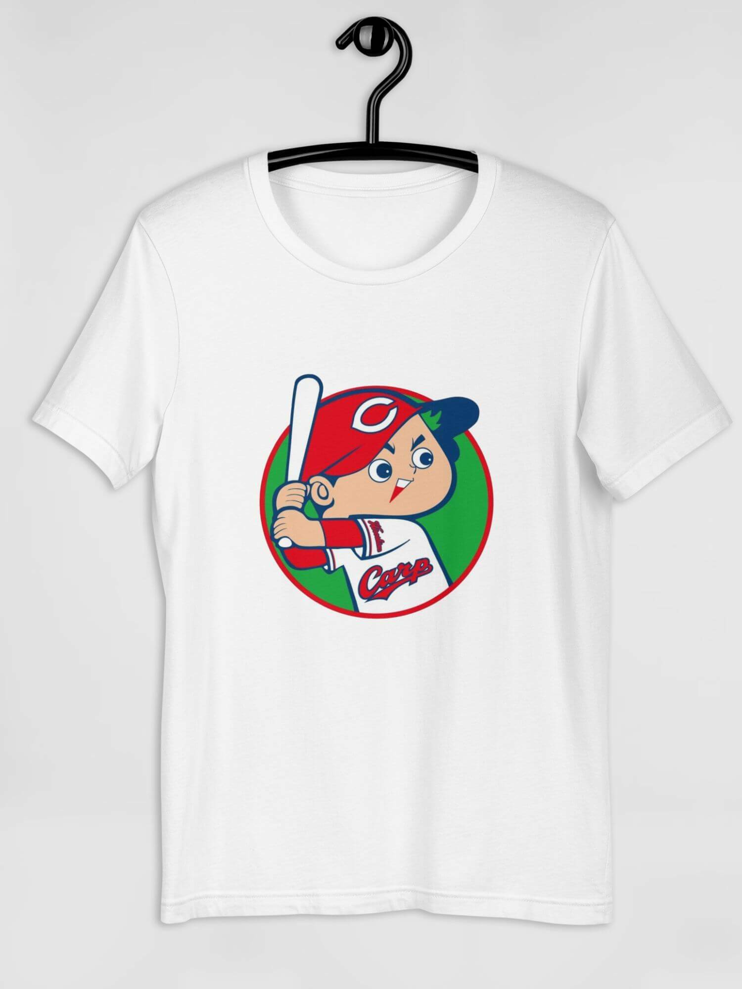 Hiroshima Toyo Carp Eco T-Shirt   Genderful Unisex Anywear Men’s Women’s Cartoon Japan sports character short sleeves crewneck round o-neck crew neck tees T-Shirts for man woman in white with red blue multicolor pattern Mens Womens eco-friendly Baseball sport gear Japanese Kure Anime Fans Gifts petite tall plus size Tops