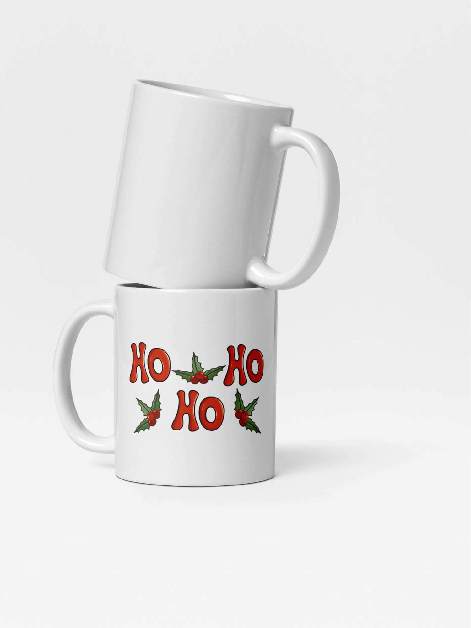 Glossy Ho Ho Ho Mug                Cartoon Holiday Season leafs drinks cup coffee, tea, juice, milk drinking cups miteigi branded product item tumblers ceramics in white with red green multicolor pattern Ceramic Anime Gifts Merry Christmas, Ho Ho, Holly and Ivy festive mugs