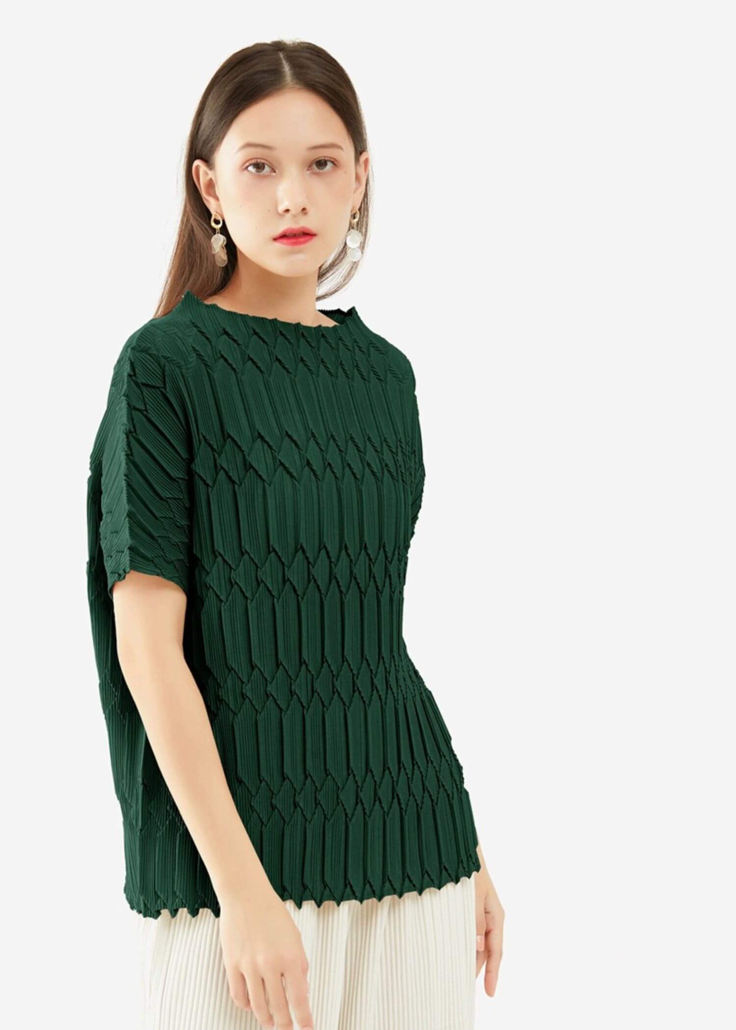 Miyake Pleated Slashneck Top green Women’s Handmade Casual pleats Loose T-shirts Short Sleeves Tops Blouses for woman Korean Japanese womens Fashion Issey Designer Luxury Clothes