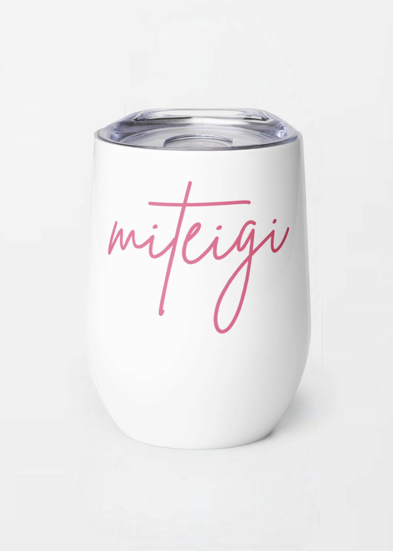 miteigi Tumbler Script Logo pink miteigi-logo design stainless steel wine, milk drinks tumblers with lid Outdoor sports fitness drinkware in white with pink pattern