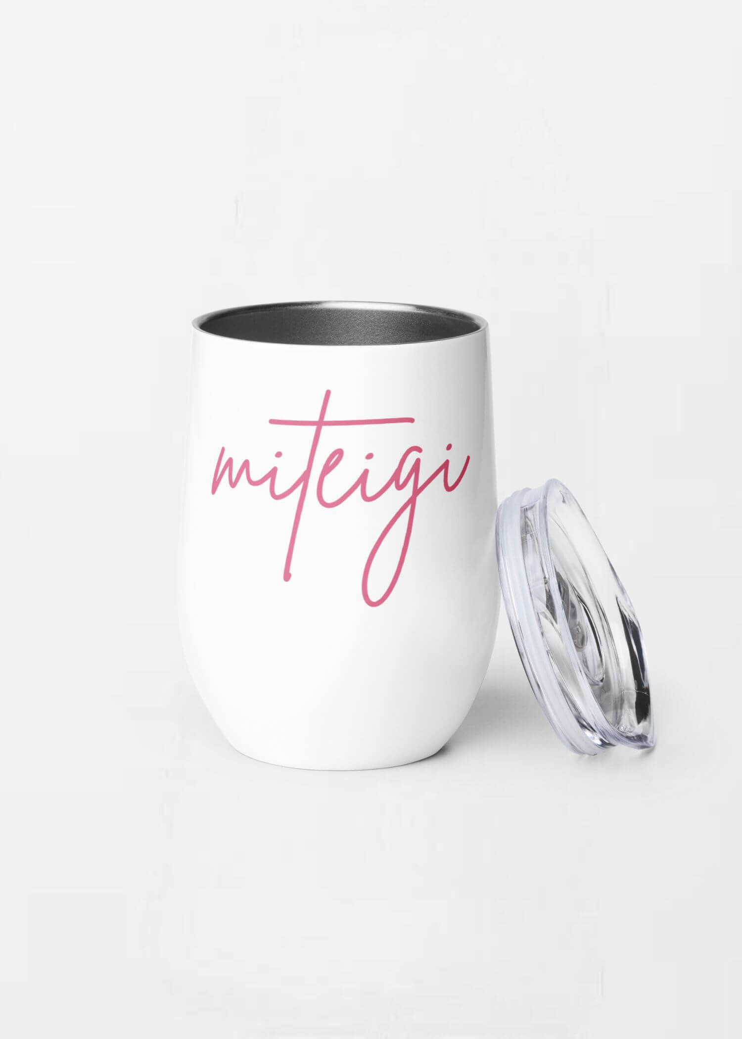 miteigi Tumbler Script Logo pink miteigi-logo design stainless steel wine, milk drinks tumblers with lid Outdoor sports fitness drinkware in white with pink pattern