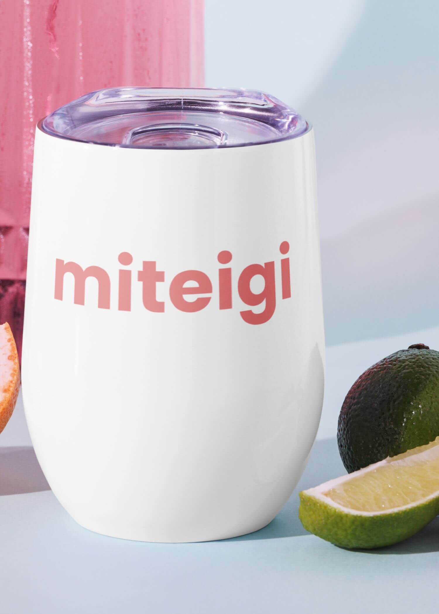 miteigi Tumbler Logo blossom pink miteigi-logo design stainless steel wine, milk drinks tumblers with lid Outdoor sports fitness drinkware in white with pink pattern