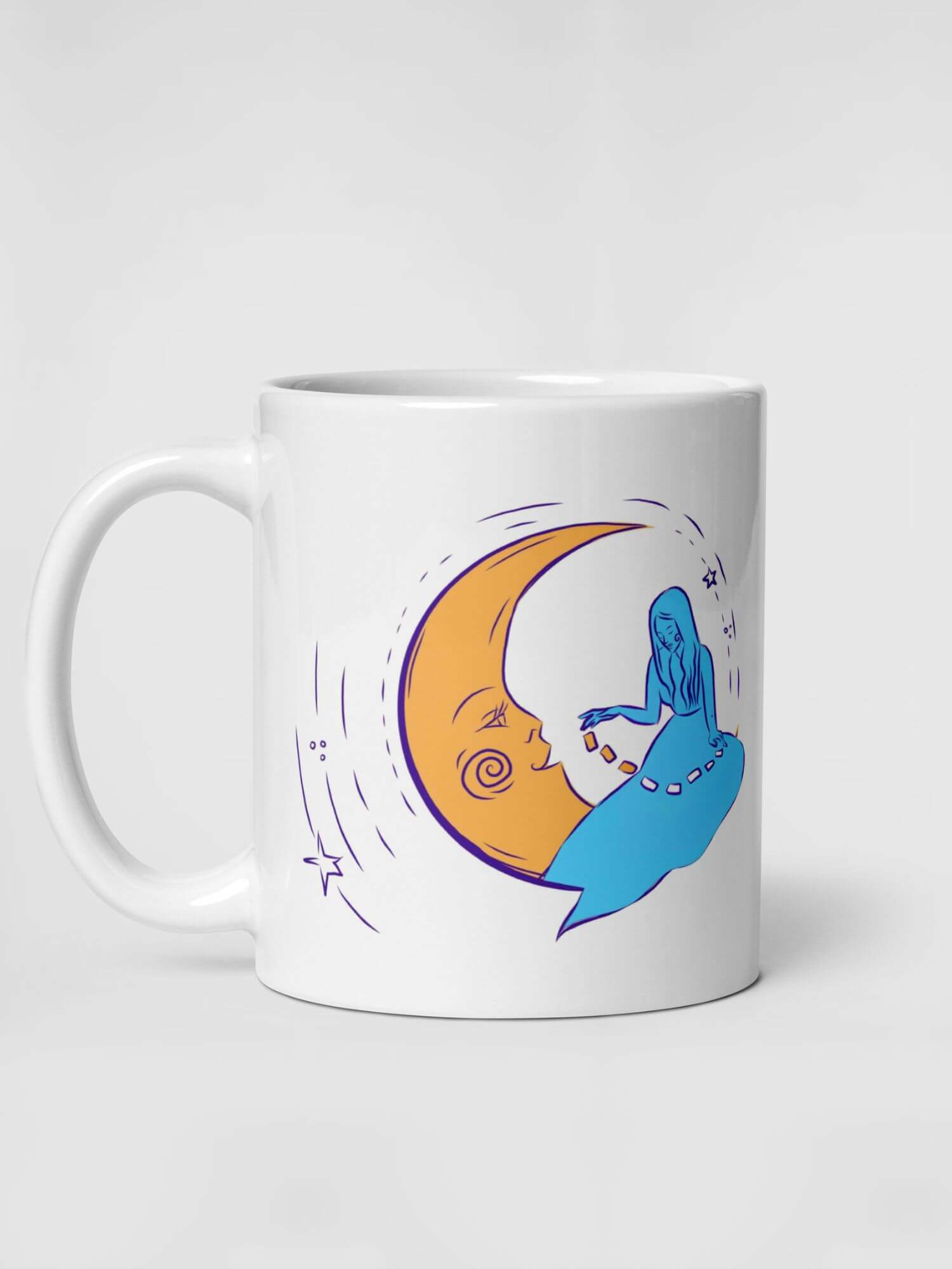 Glossy Princess Dreams Mug                  Cartoon quarter moon face girls character drinks cup coffee, tea, juice, milk drinking cups miteigi branded product item tumblers ceramics in white with blue multicolor pattern Ceramic Anime Gifts girl princesses dreaming wishes mugs