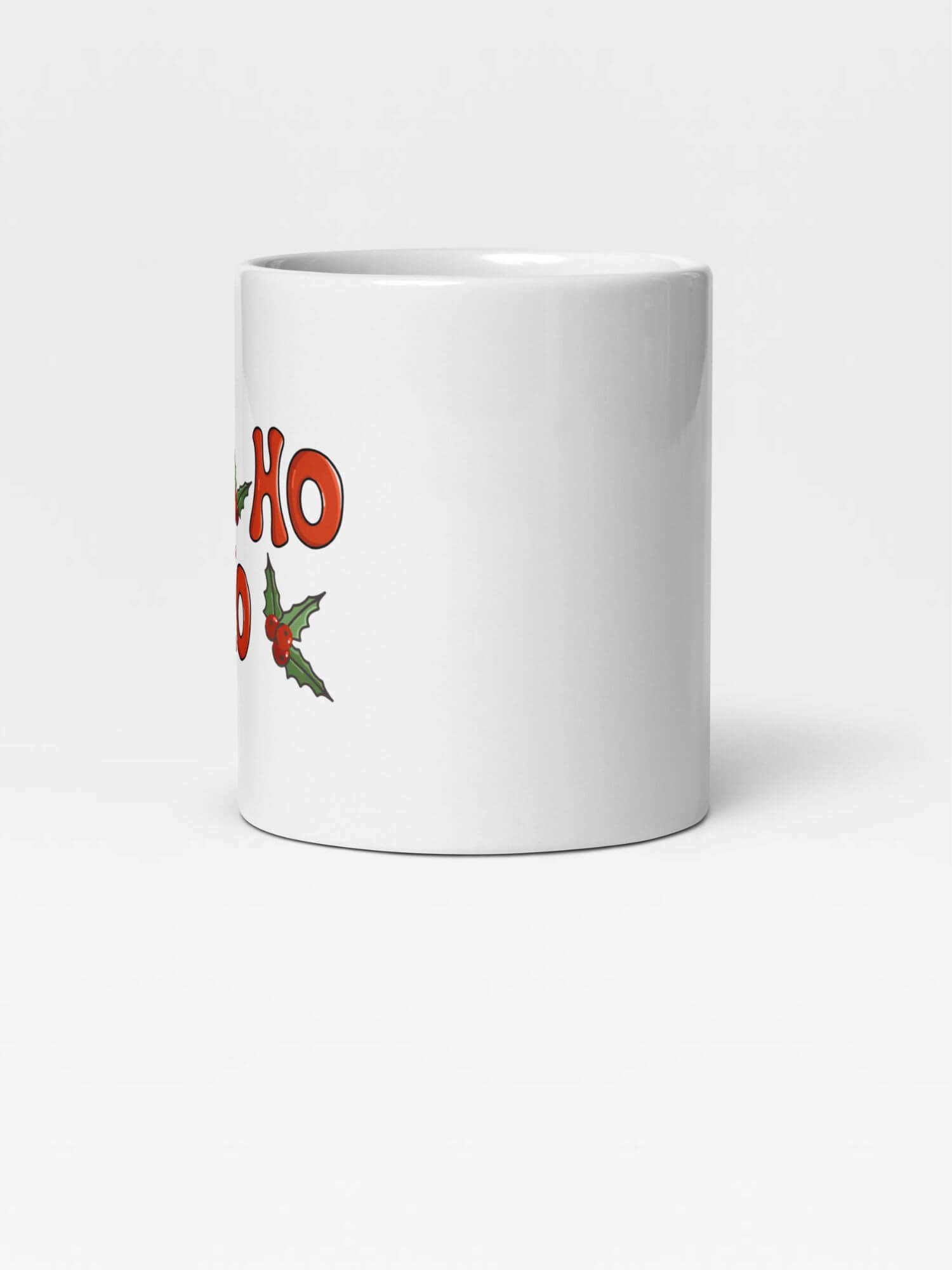 Glossy Ho Ho Ho Mug                Cartoon Holiday Season leafs drinks cup coffee, tea, juice, milk drinking cups miteigi branded product item tumblers ceramics in white with red green multicolor pattern Ceramic Anime Gifts Merry Christmas, Ho Ho, Holly and Ivy festive mugs