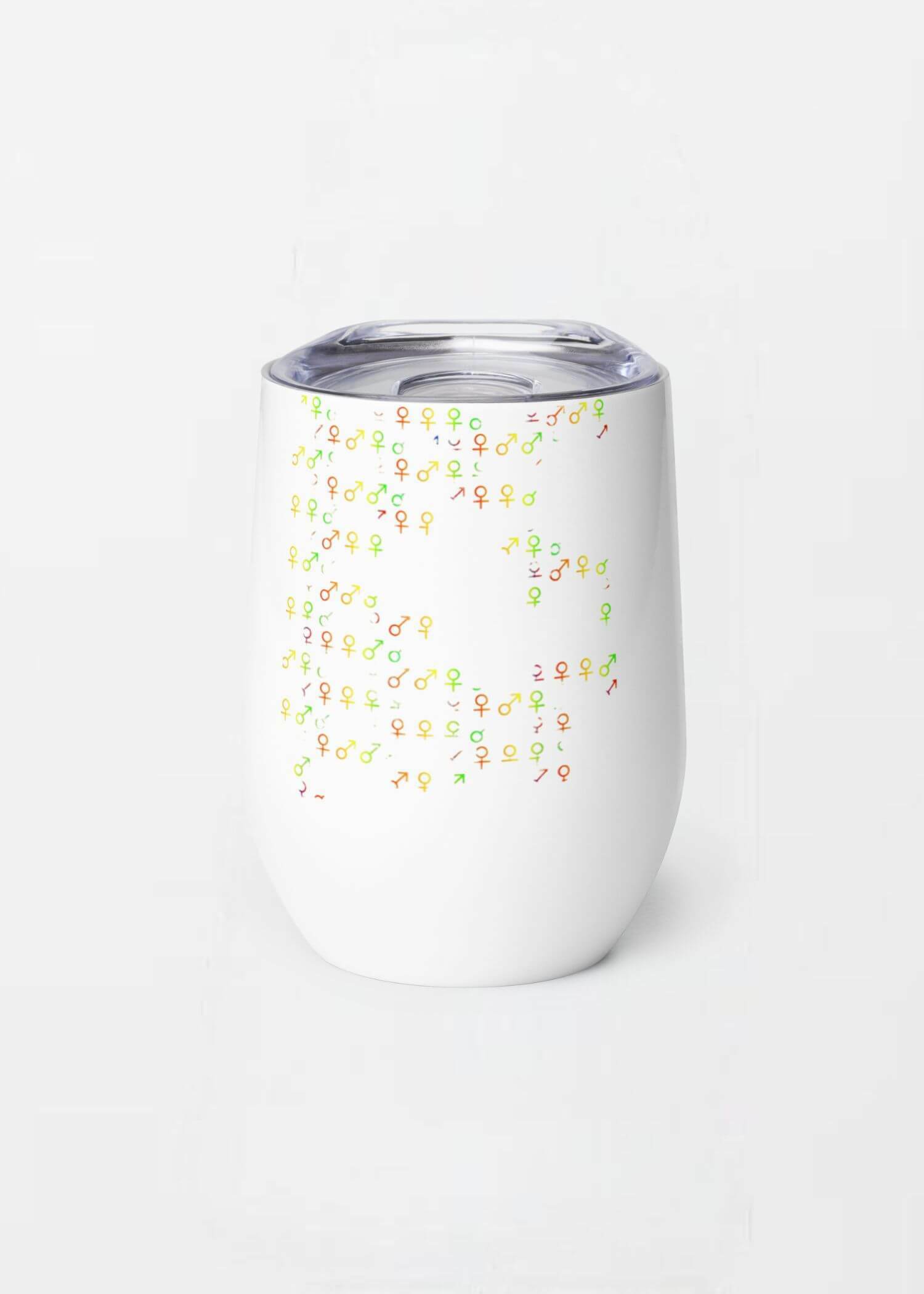 Unisex Tumbler transparent miteigi-logo design stainless steel wine, milk drinks tumblers with lid Outdoor sports fitness drinkware in white with gender symbols pattern